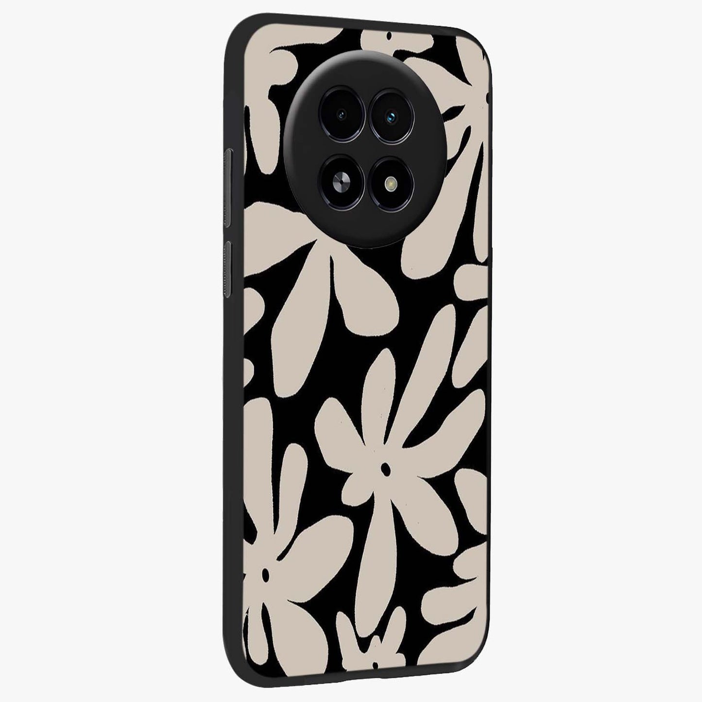 Monochrome Petal Dance Glass Case upright view showcasing artistic floral pattern with stylish monochrome theme.