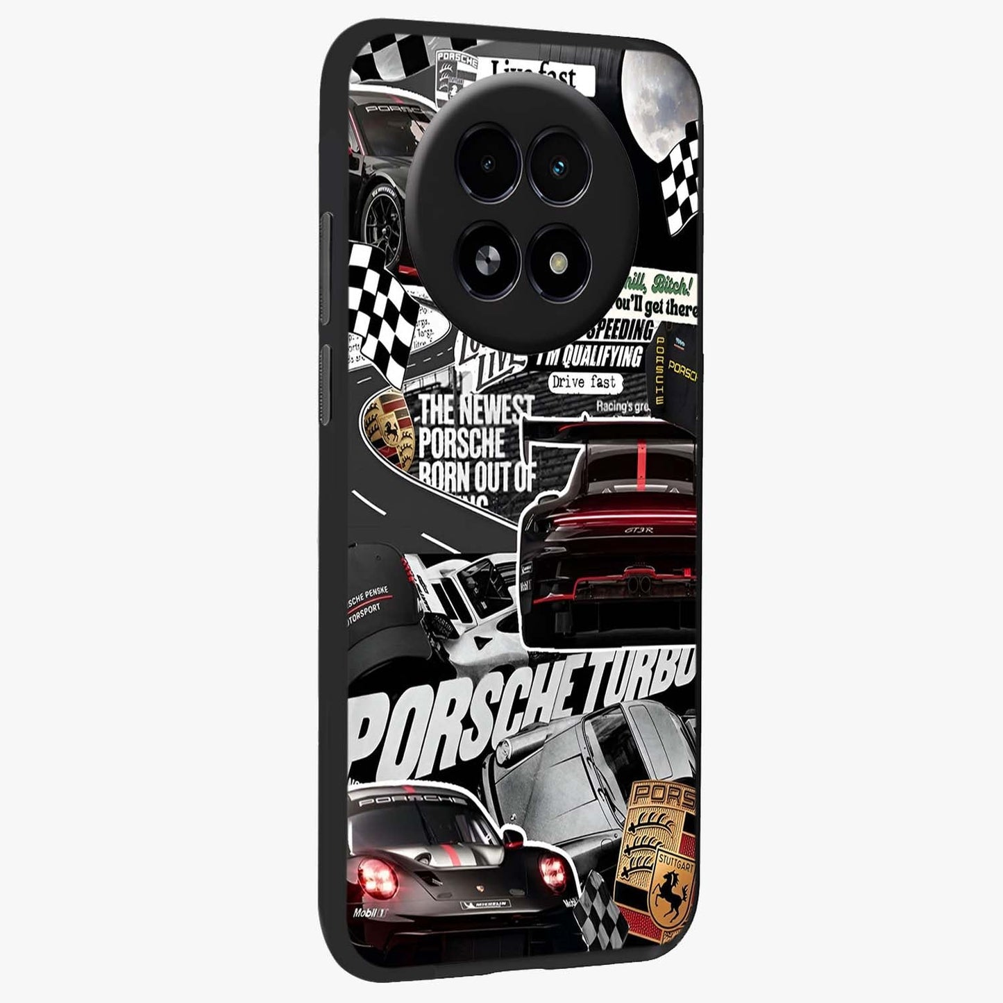 Porsche Racing Collage Glass Case upright view showcasing energetic car collage artwork with high speed racing theme.