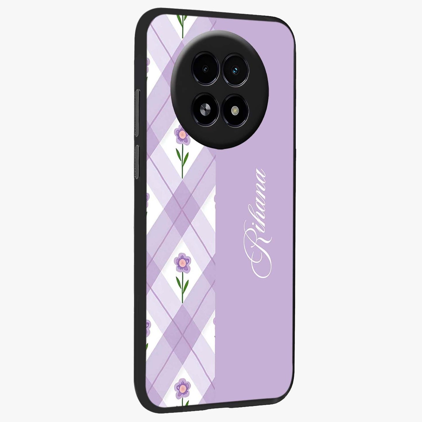 Purple Diamond Floral Glass Case upright view showcasing vibrant floral artwork with stylish geometric theme.