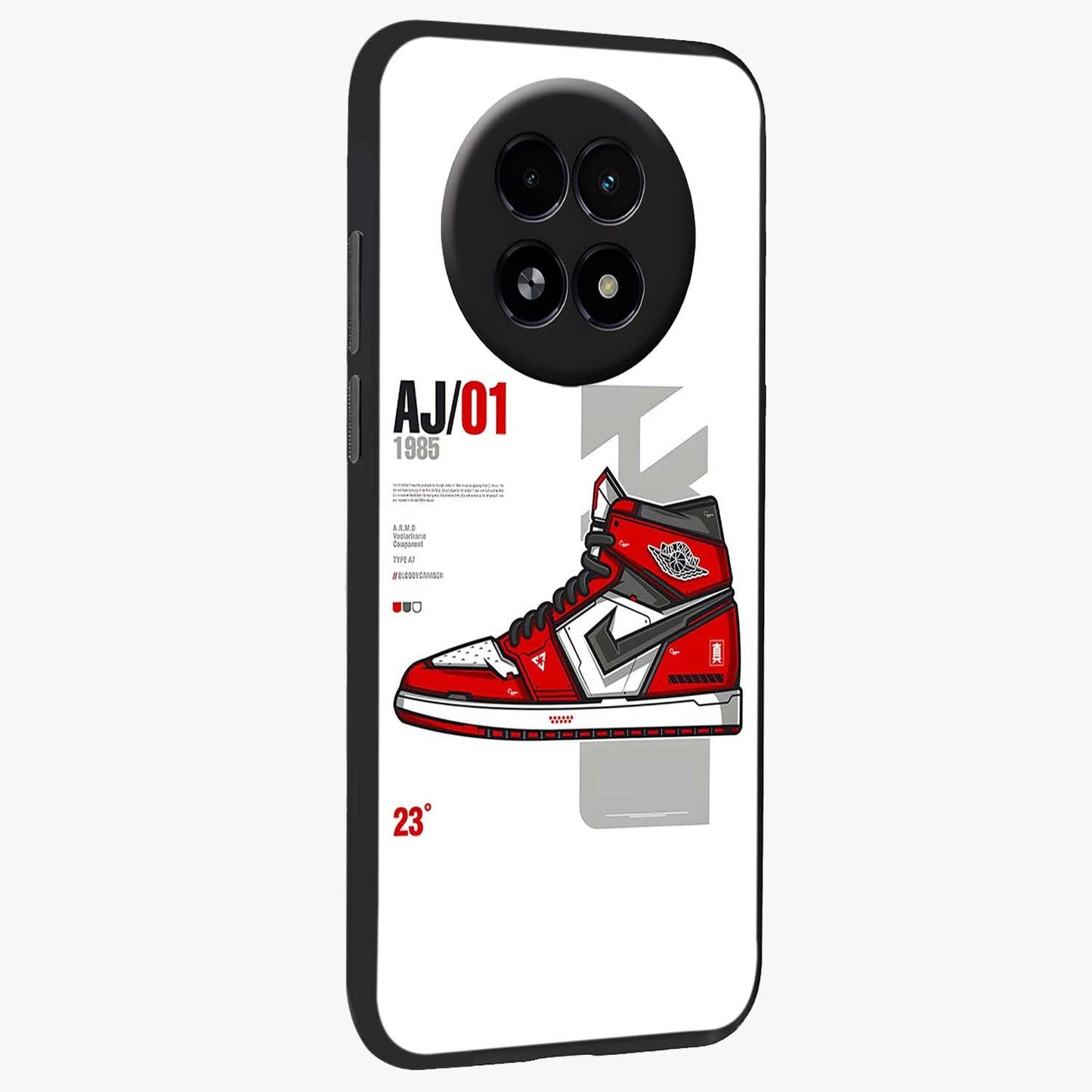 Retro Sneaker Blueprint Glass Case upright view showcasing stylish sneaker illustration with vintage streetwear theme.