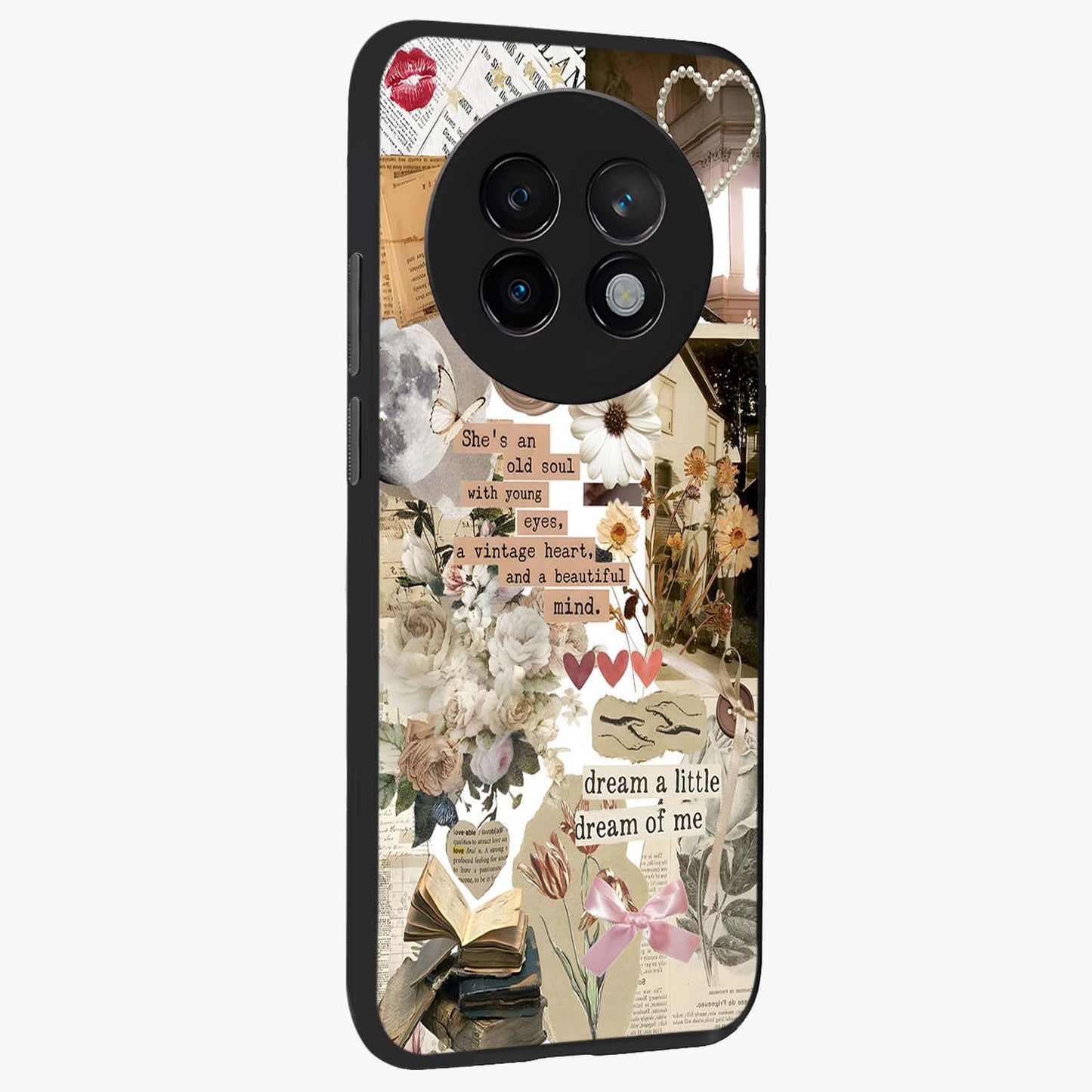 Aesthetic Brown Vintage Collage Glass Case upright view showcasing nostalgic retro artwork with stylish vintage theme.