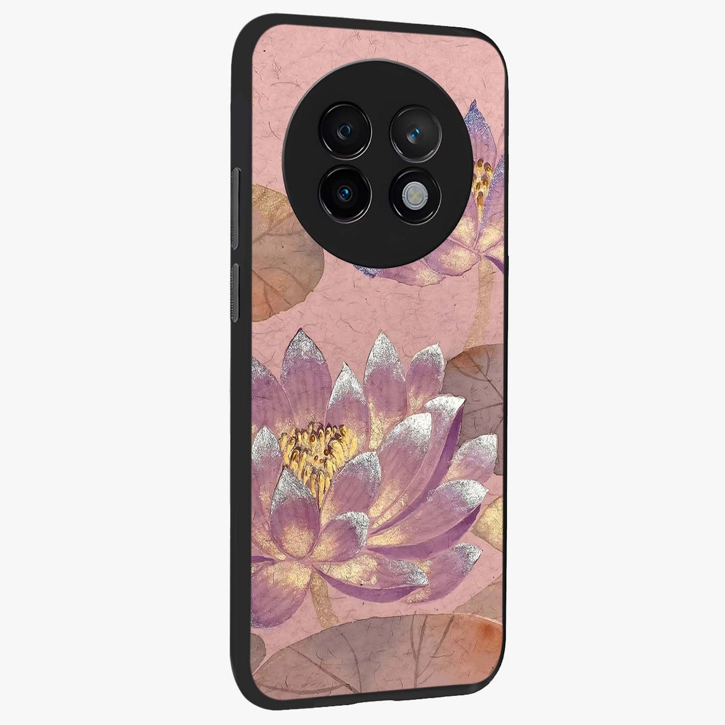 Blossom Mist Lotus Glass Case upright view showcasing graceful lotus flower design with peaceful botanical style.