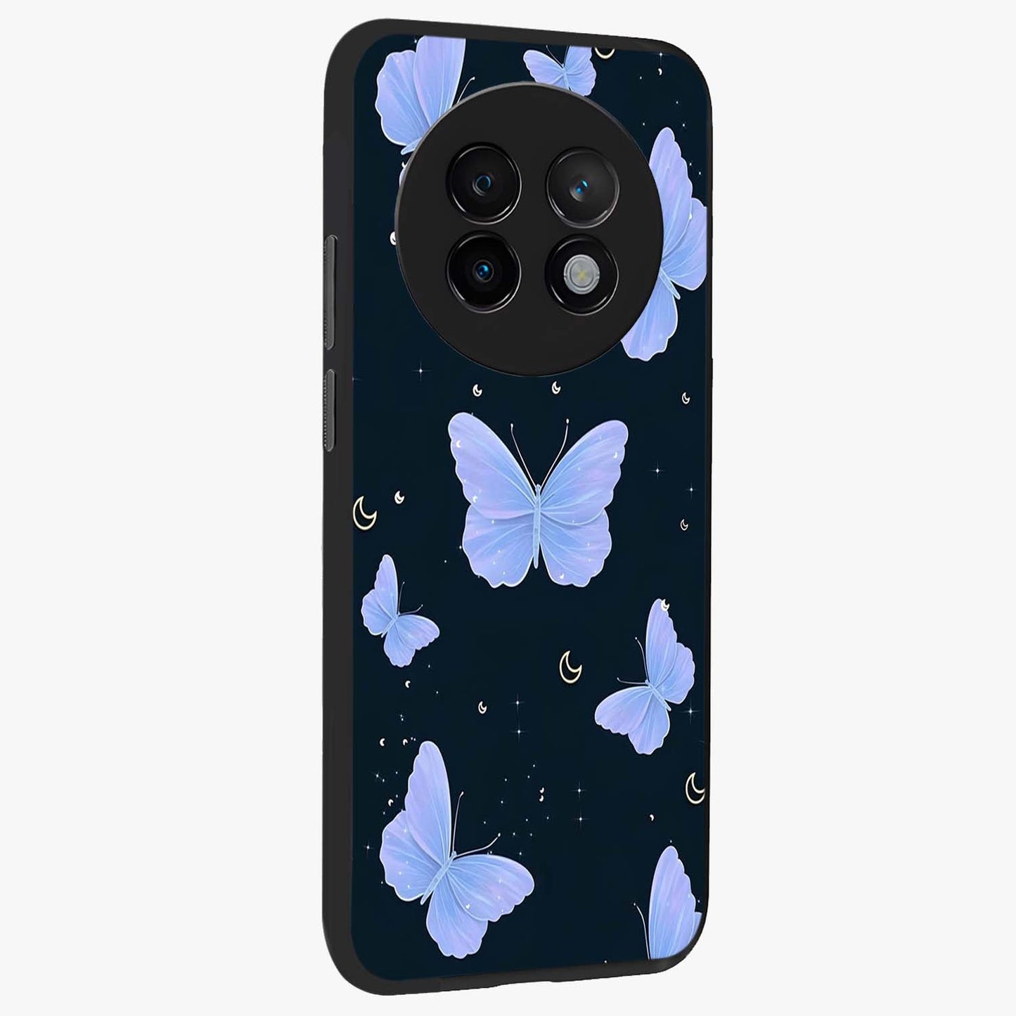 Butterfly With Stars Pattern Glass Case upright view showcasing celestial butterfly artwork with sparkling star elements.