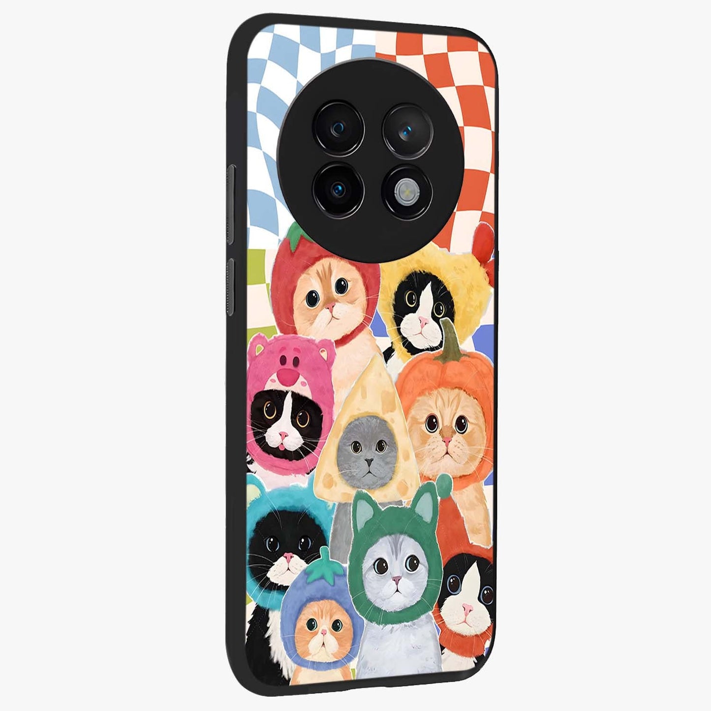Cats in Fruits Glass Case upright view showcasing charming cat artwork with fun fruity theme.