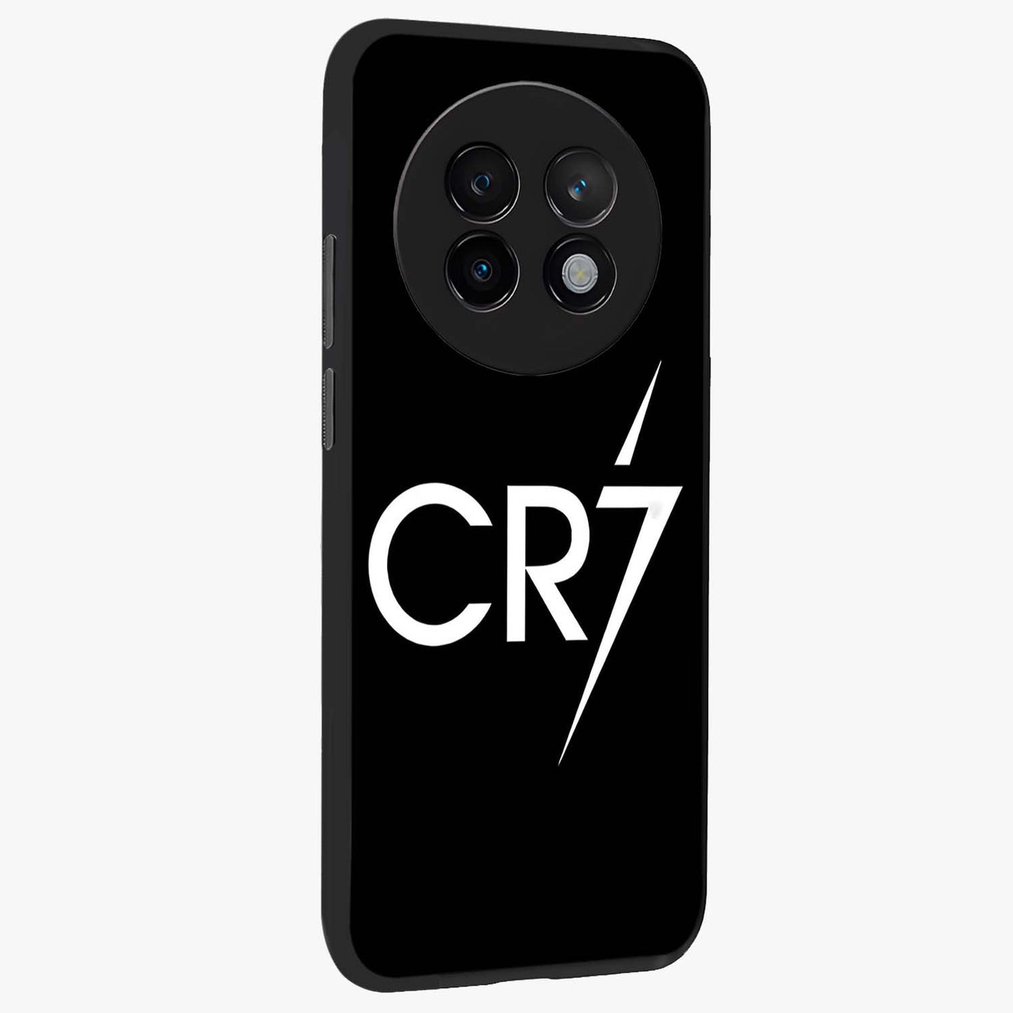 Cr7 Elite Strike Glass Case upright view showcasing energetic football inspired design with modern sports aesthetic.