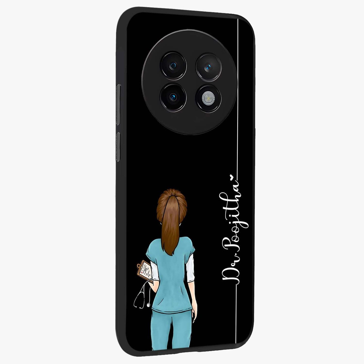 Doctor Pattern Custom Name Glass Case upright view showcasing healthcare themed design with personalized aesthetic.