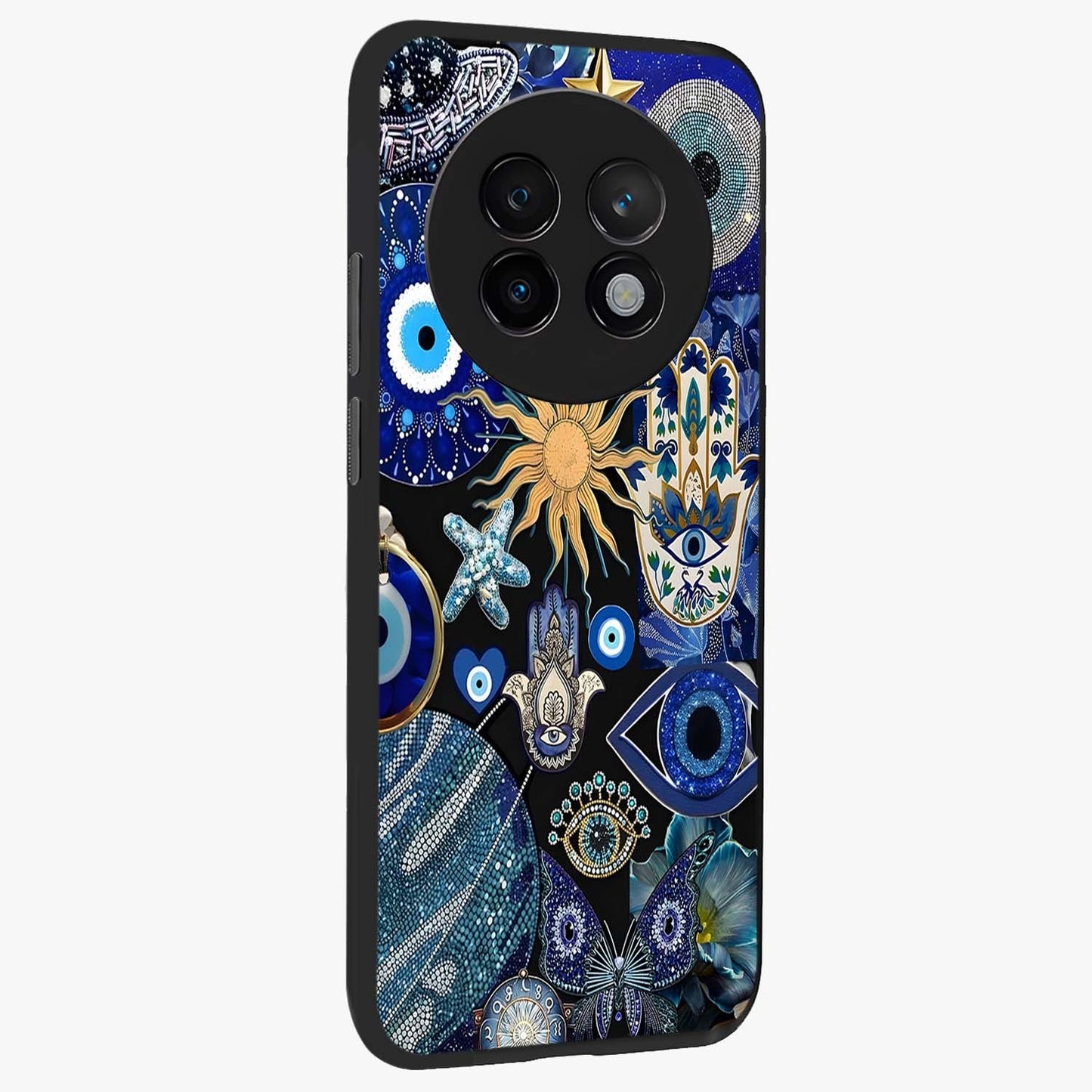 Evil Eye Charm Mix Glass Case upright view showcasing mystical evil eye pattern with vibrant decorative style.