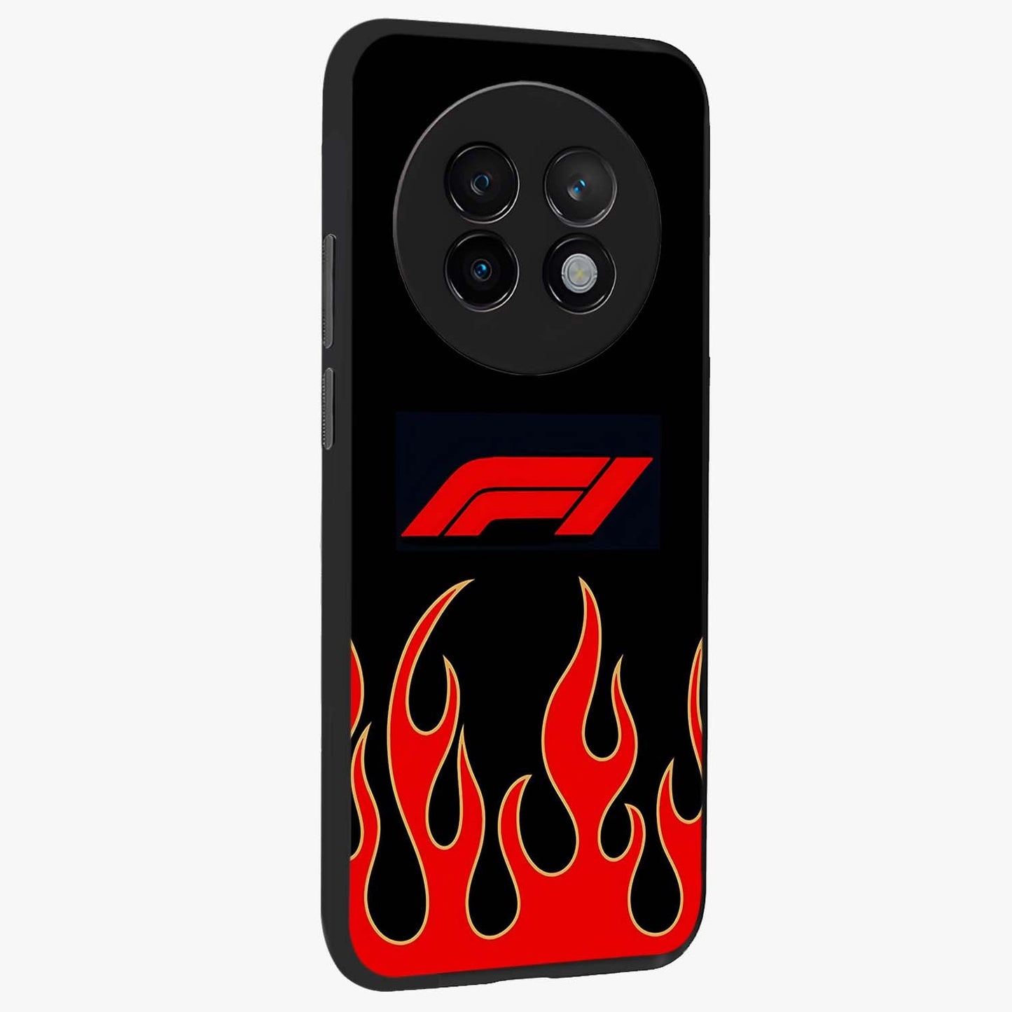 Fire F11 Glass Case upright view showcasing dynamic flame artwork with intense visual theme.
