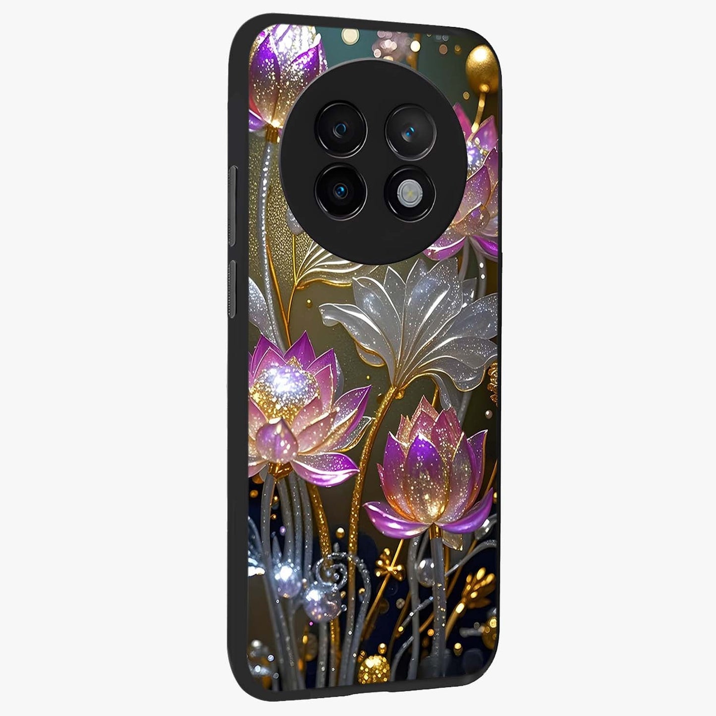 Golden Floral Majesty Glass Case upright view showcasing majestic floral artwork with rich decorative theme.