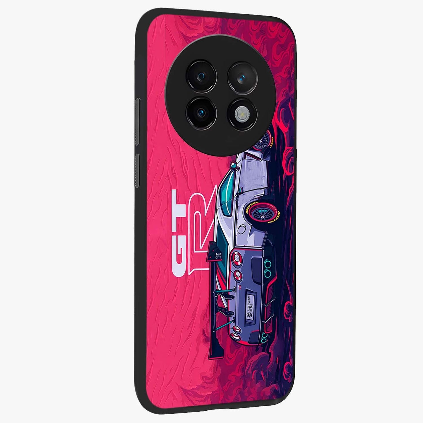 GT-R Car Pattern Glass Case upright view showcasing dynamic car pattern artwork with modern sports theme.