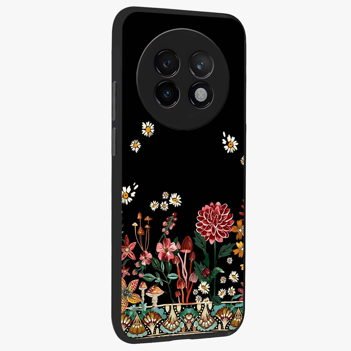 Midnight Bloom Pattern Glass Case upright view showcasing decorative floral artwork with deep night themed palette.