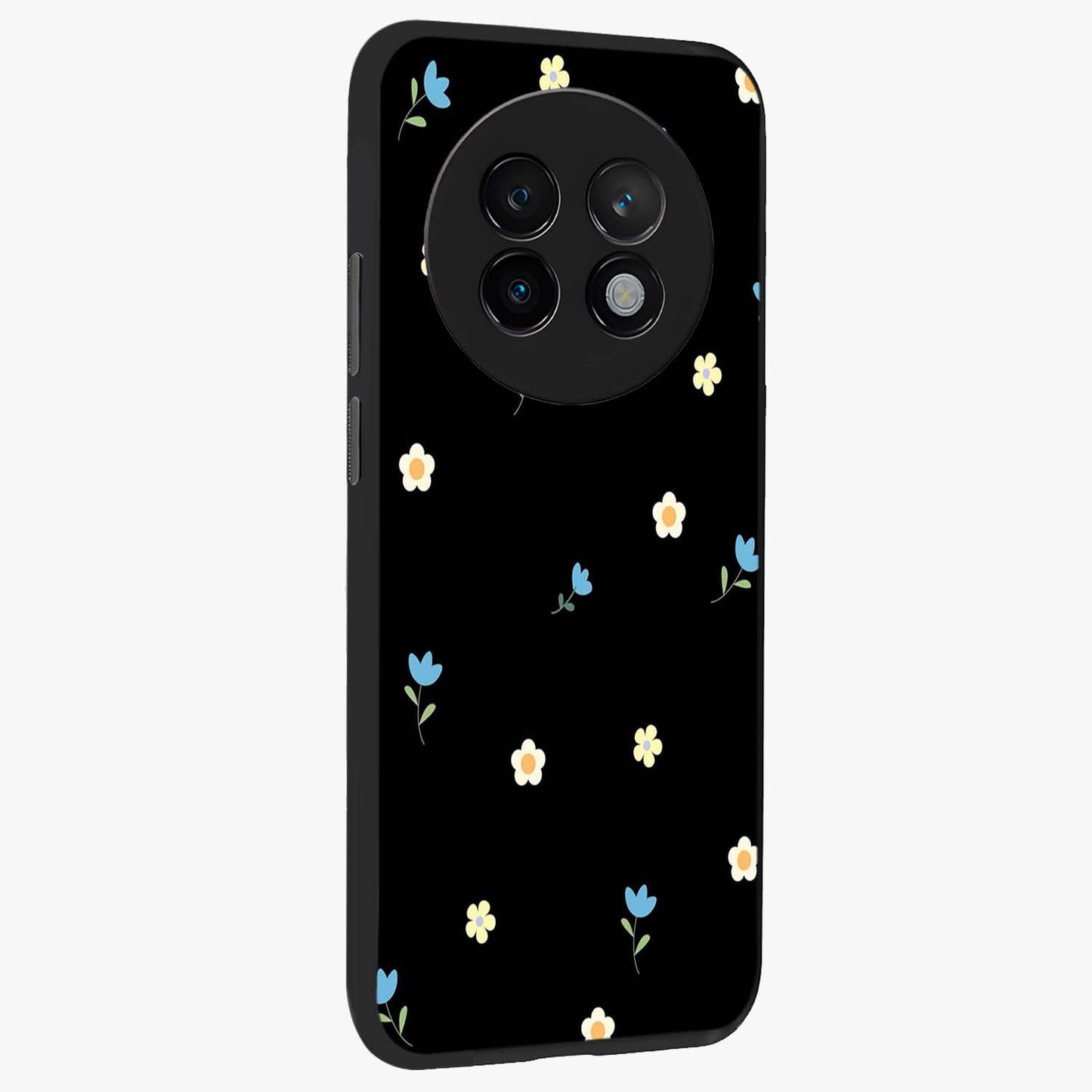 Minimal Petal Whispers Glass Case upright view showcasing elegant floral artwork with modern minimalist style.