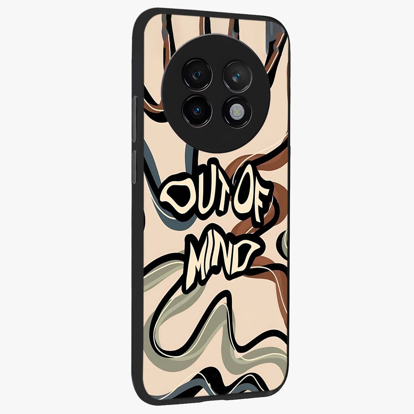 Out Of Mind Glass Case upright view showcasing striking typography artwork with edgy conceptual theme.