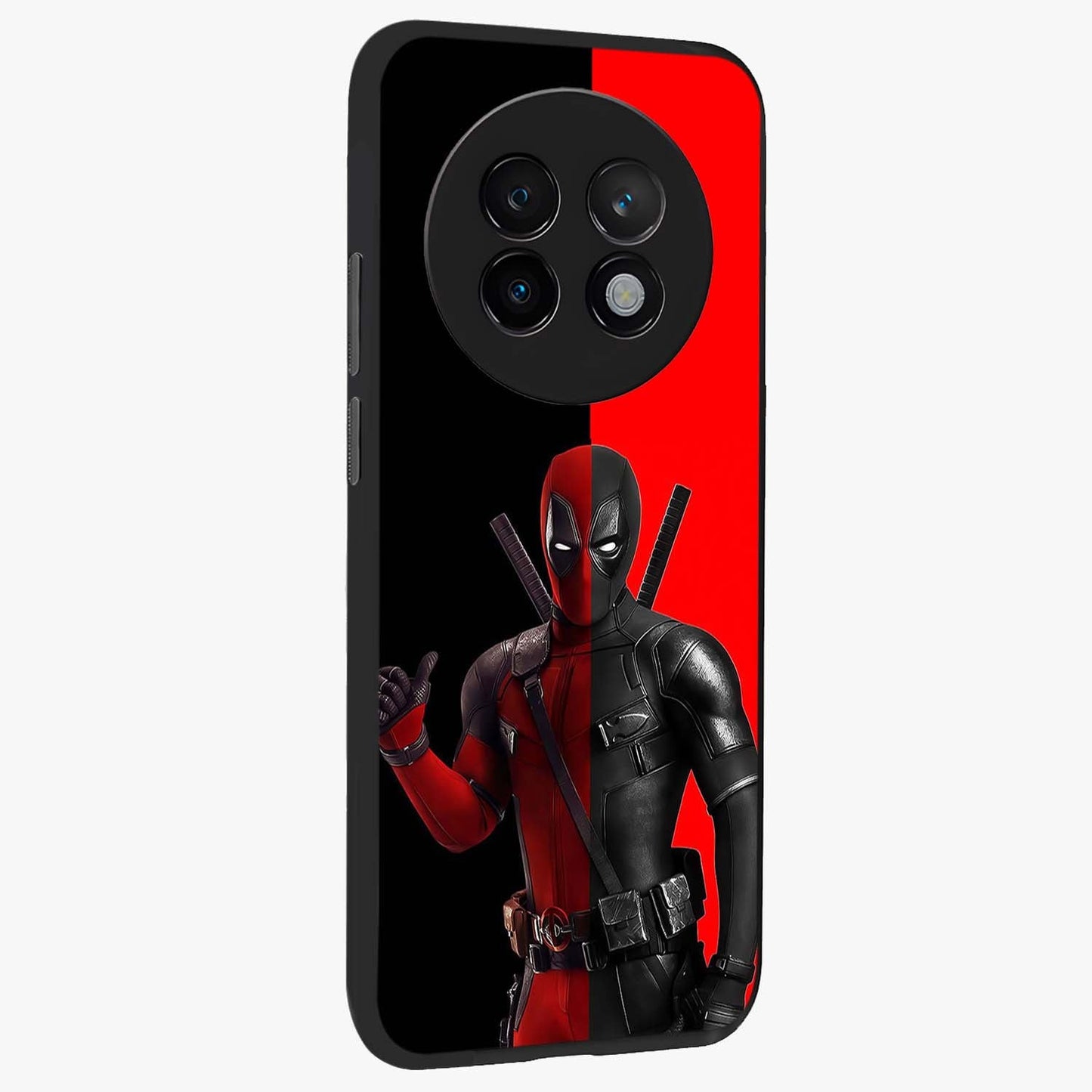 Red & Black Deadpool Theme Glass Case upright view showcasing energetic comic themed artwork with striking red and black design.