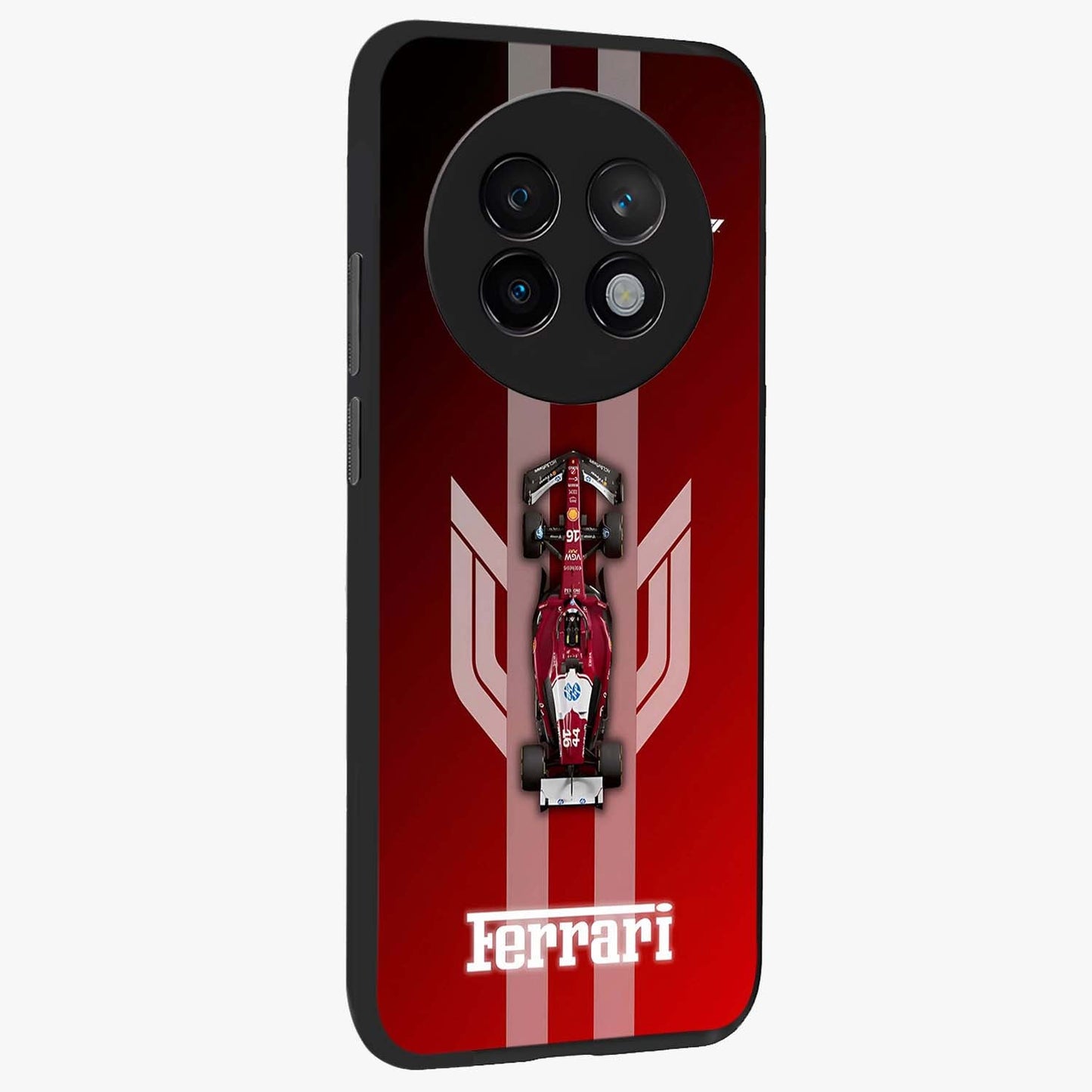 Red Ferrari F1 Vertical Glass Case upright view showcasing powerful Formula car artwork with dynamic motorsport theme.