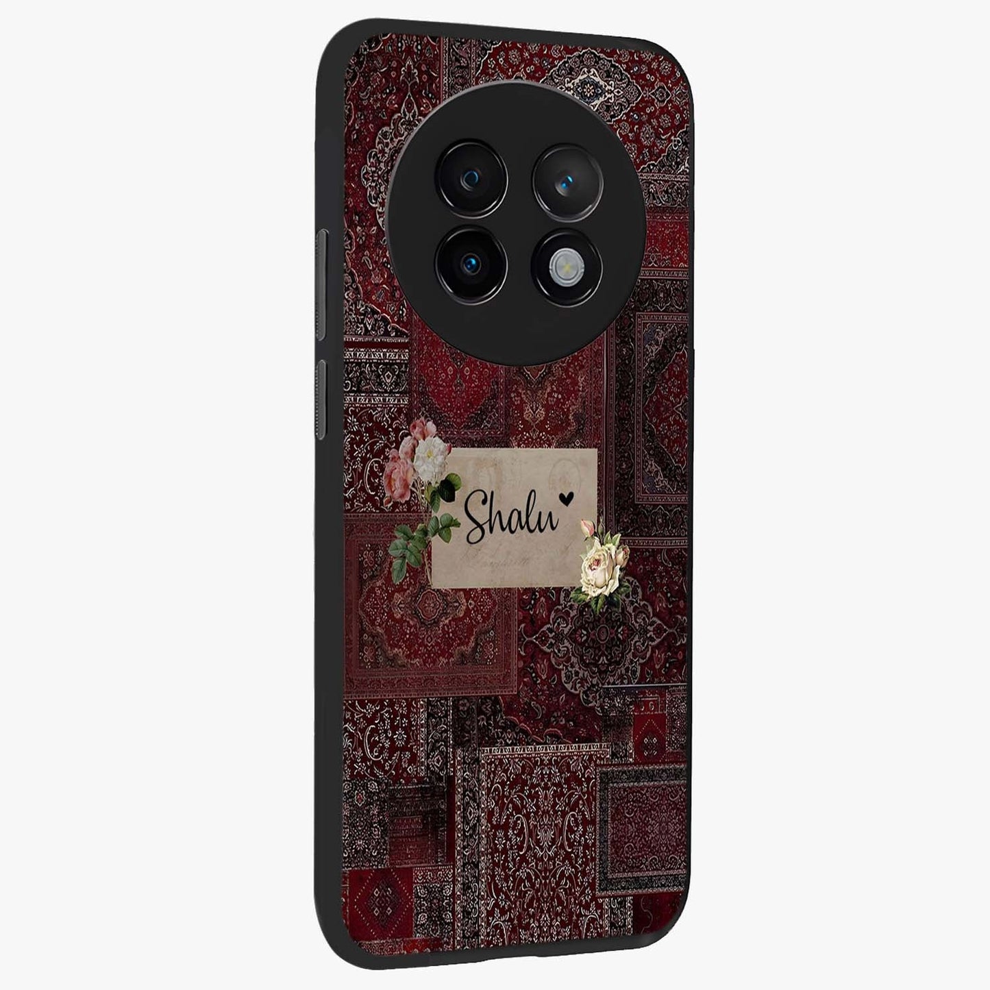 Velvet Wine Pattern Custom Name Glass Case upright view showcasing luxurious wine toned artwork with personalized aesthetic.