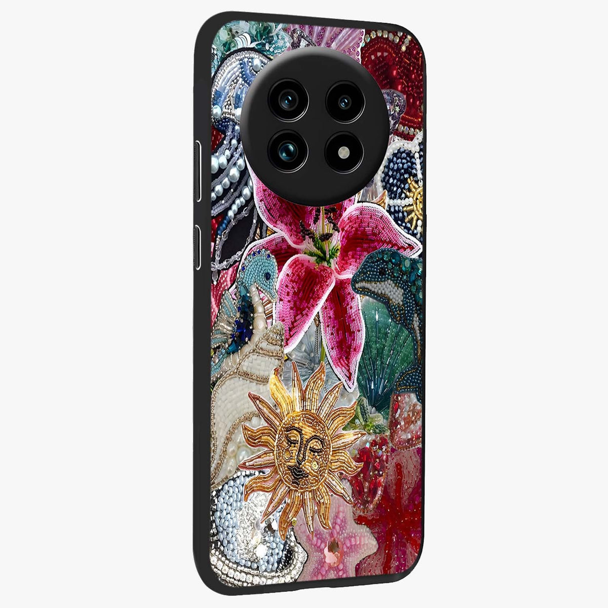 Beaded Garden Fantasy Glass Case upright view showcasing whimsical garden aesthetic with artistic bead details.
