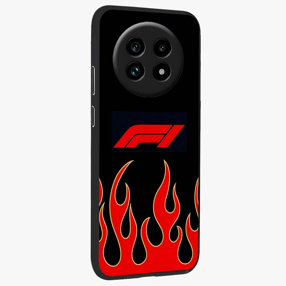 Fire F11 Glass Case upright view showcasing dynamic flame artwork with intense visual theme.