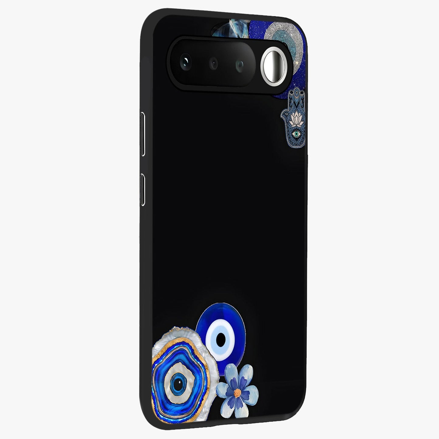 Aesthetic Blue Evil Eye Glass Case upright view showcasing mystical evil eye graphic with minimal aesthetic style.