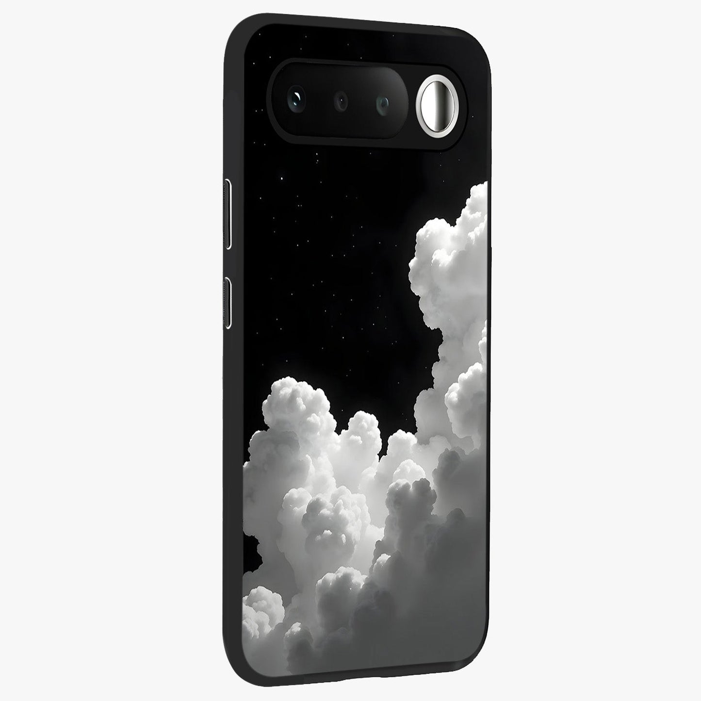 Black Background With White Cloud Glass Case upright view showcasing calm cloud aesthetic with modern minimal style.