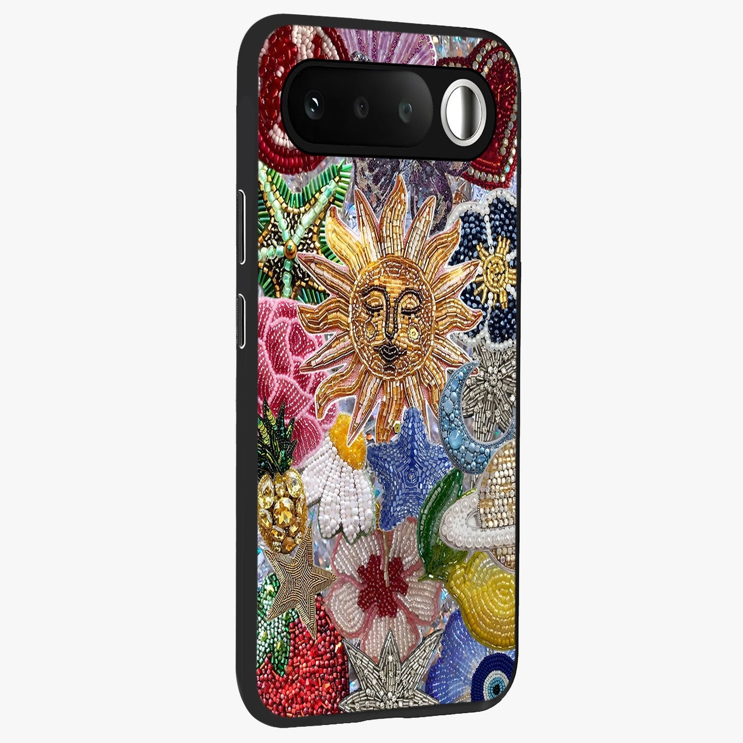 Celestial Floral and Playful Glass Case upright view showcasing whimsical floral artwork with cosmic aesthetic theme.