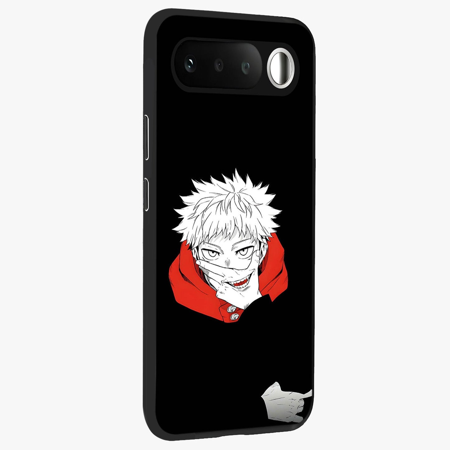 Crimson Chaos Smile Glass Case upright view showcasing expressive chaotic artwork with striking visual theme.
