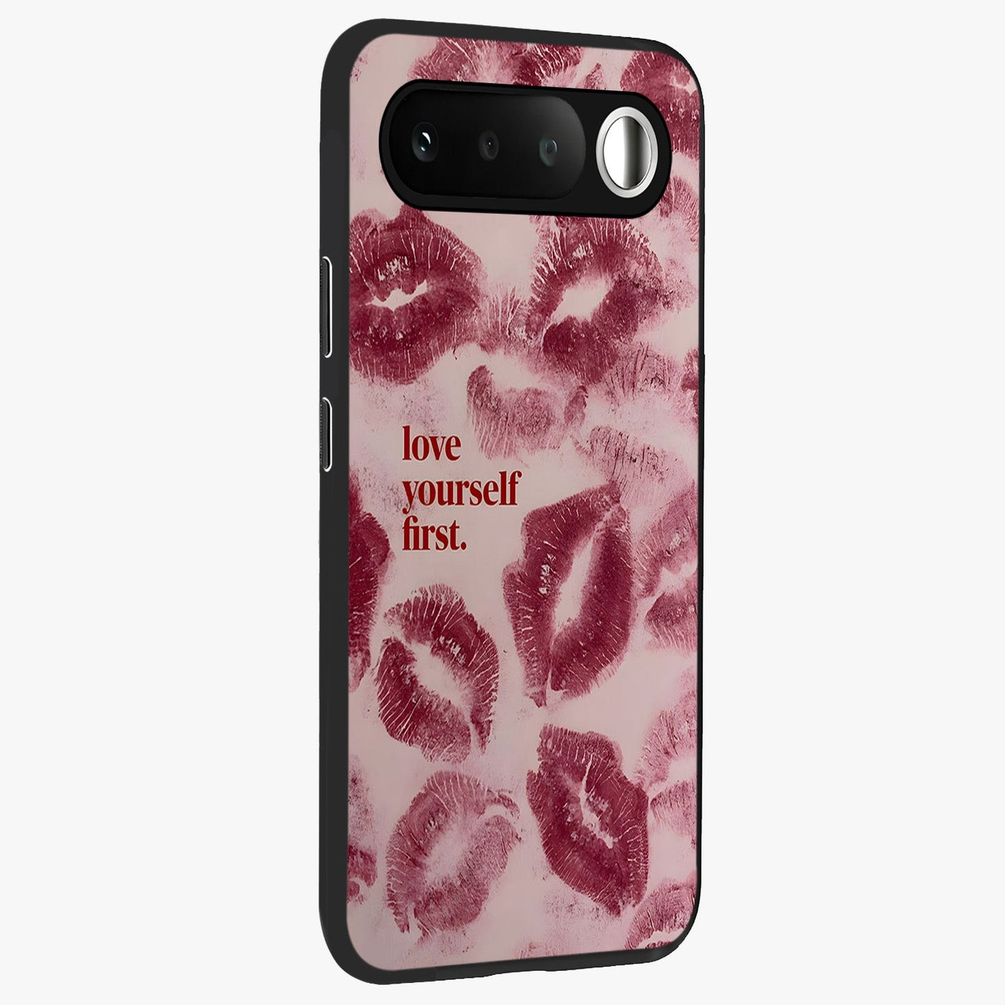Crimson Kiss Love Glass Case upright view showcasing expressive romantic artwork with deep crimson theme.