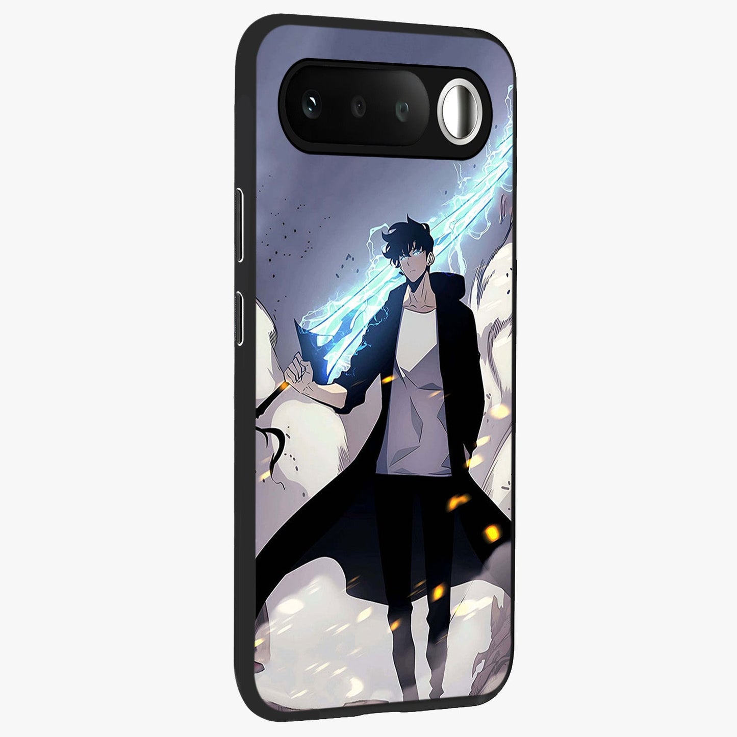 Dark Lightning Anime Warrior Glass Case upright view showcasing dramatic warrior artwork with dark lightning aesthetic.