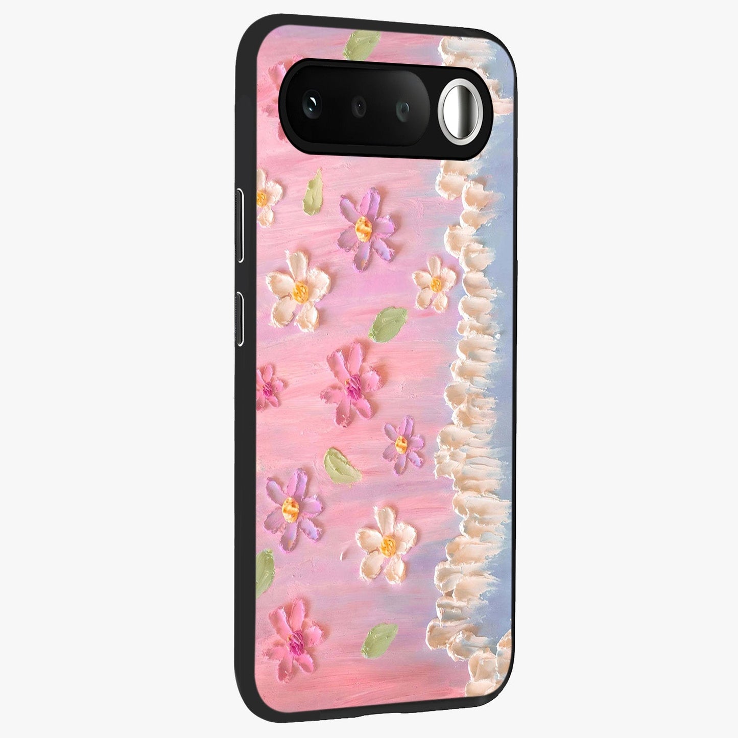 Dreamy Painted Garden Glass Case upright view showcasing vibrant floral garden artwork with artistic nature theme.