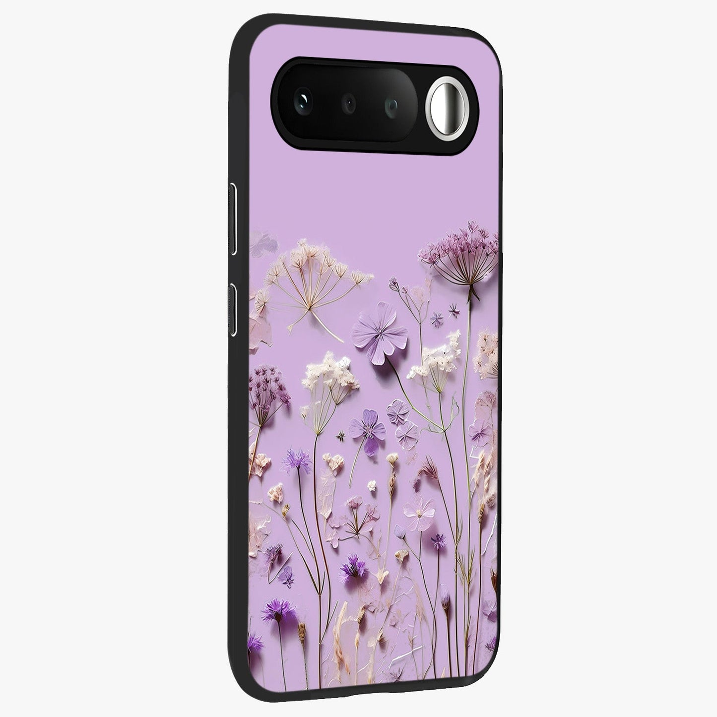 Lavender Blossom Dream Glass Case upright view showcasing delicate lavender blossom artwork with peaceful floral theme.
