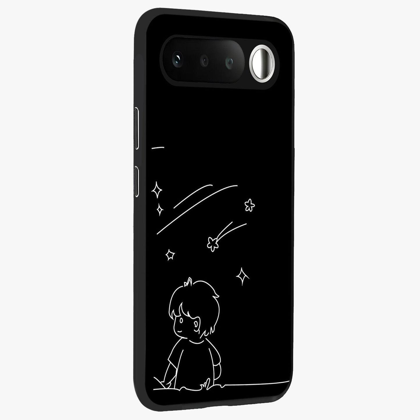 Line Art Boy With Shooting Stars Glass Case upright view showcasing artistic shooting star illustration with minimal style.
