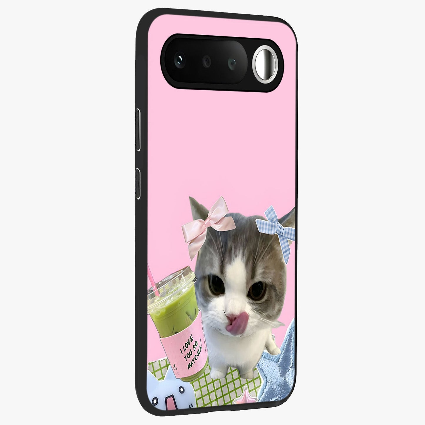 Love Matcha Cat Glass Case upright view showcasing adorable cat artwork with charming matcha themed design.
