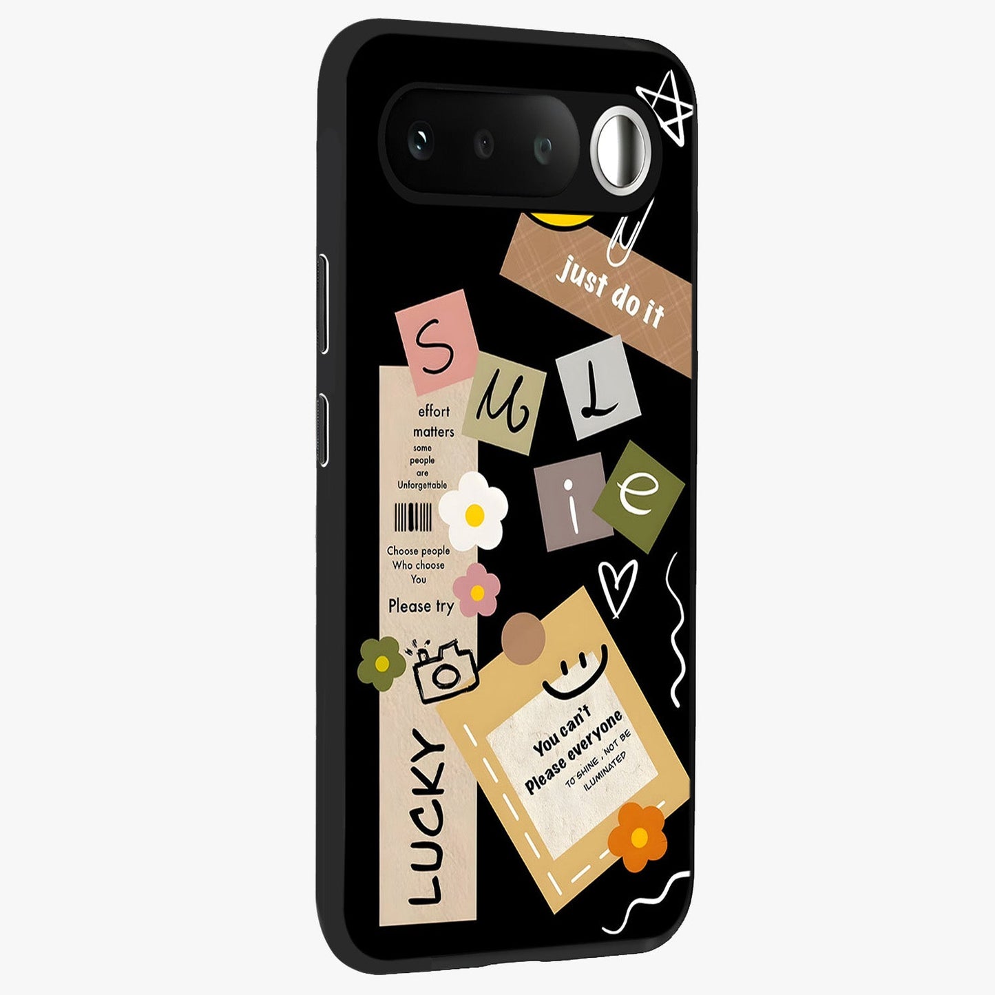 Lucky Aesthetic Collage Glass Case upright view showcasing vibrant collage artwork with youthful aesthetic theme.