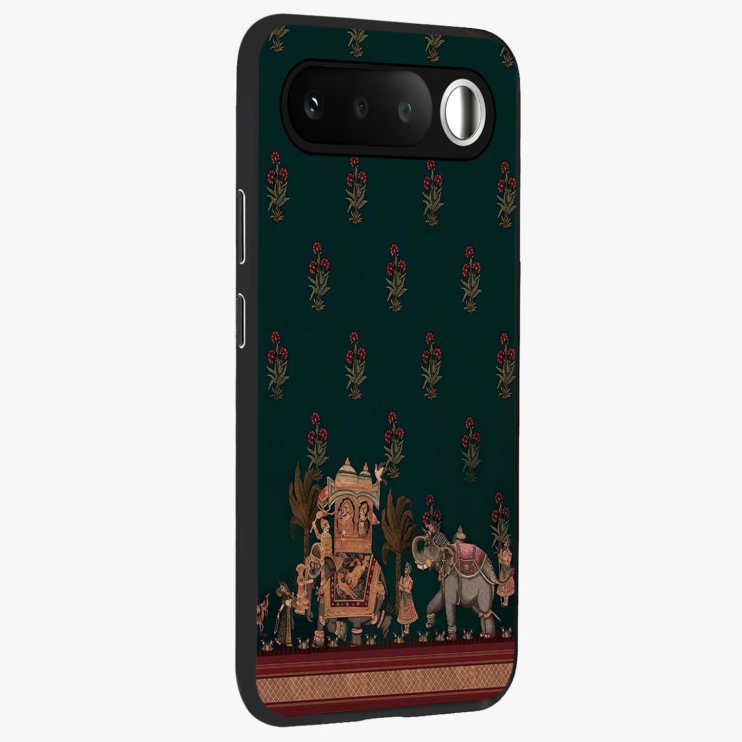 Macmerise Glass Case upright view showcasing bold artistic artwork with contemporary design theme.
