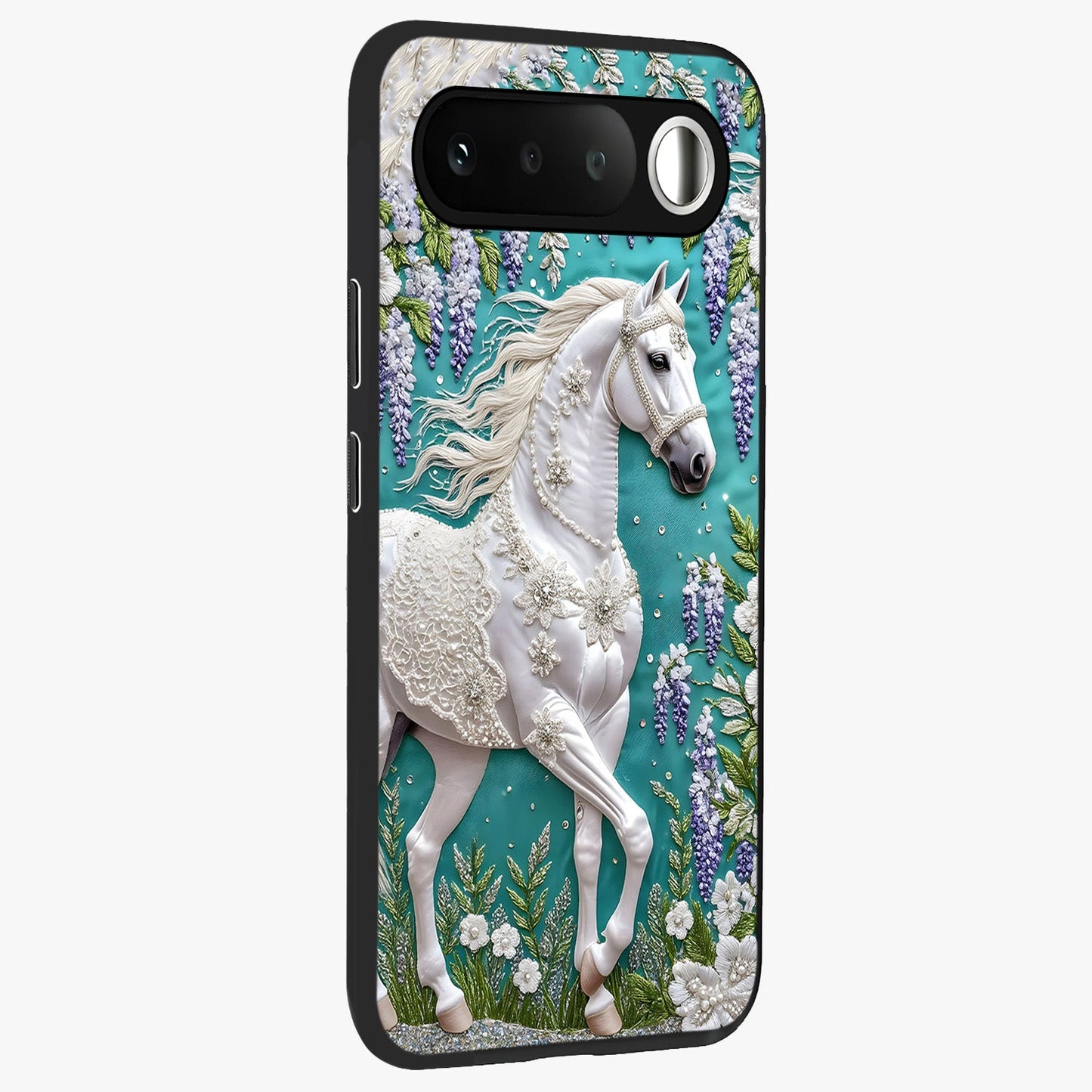 Majestic Floral Stallion Glass Case upright view showcasing dramatic horse artwork with decorative floral theme.