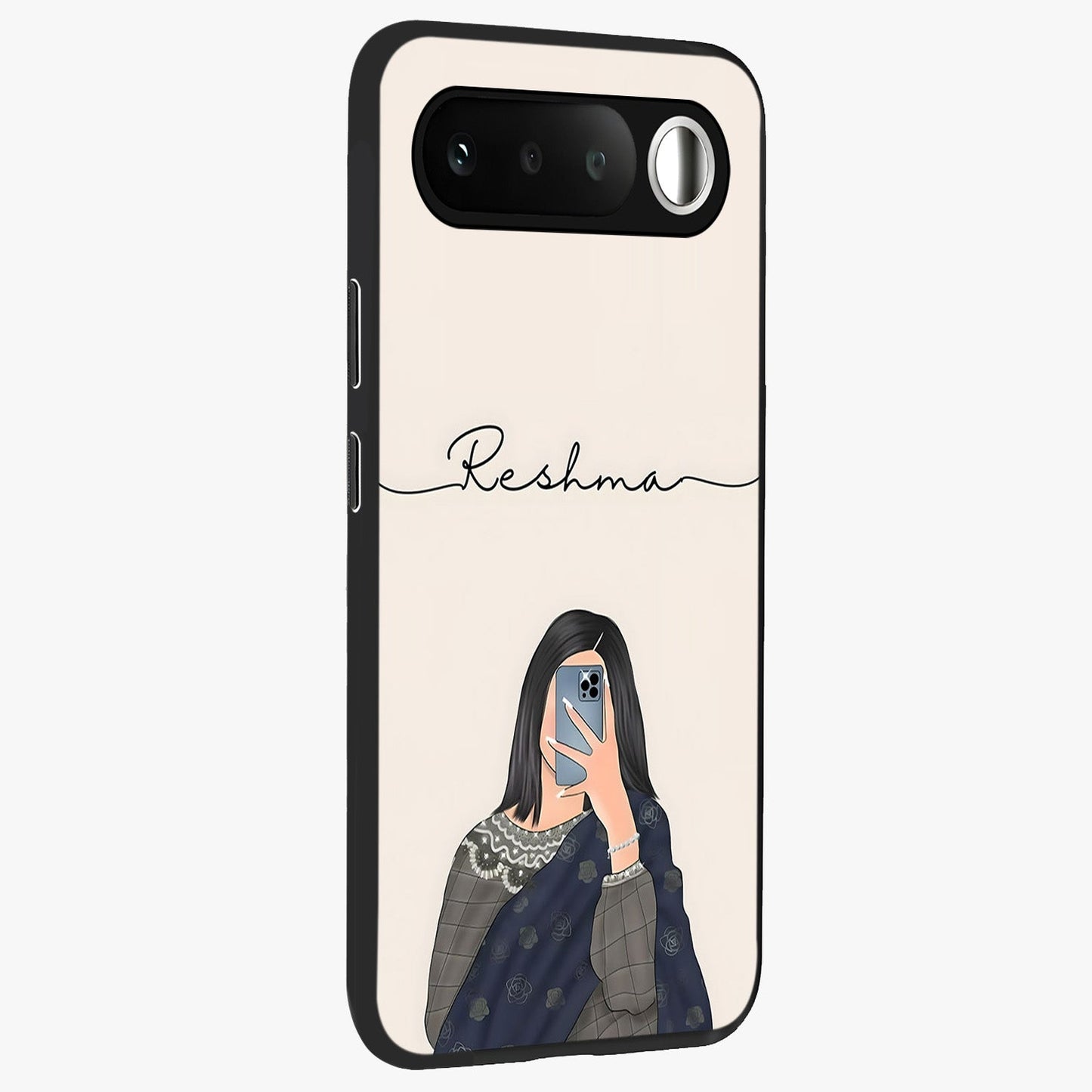 Mirror Mood Muse With Custom Name Glass Case upright view showcasing artistic mirror themed artwork with personalized aesthetic.