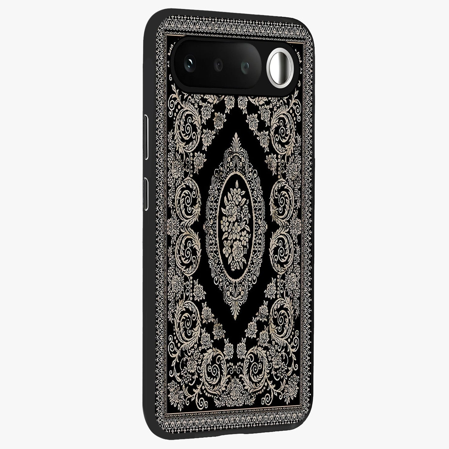 Noir Bloom Elegance Glass Case upright view showcasing graceful floral artwork with luxurious dark theme.