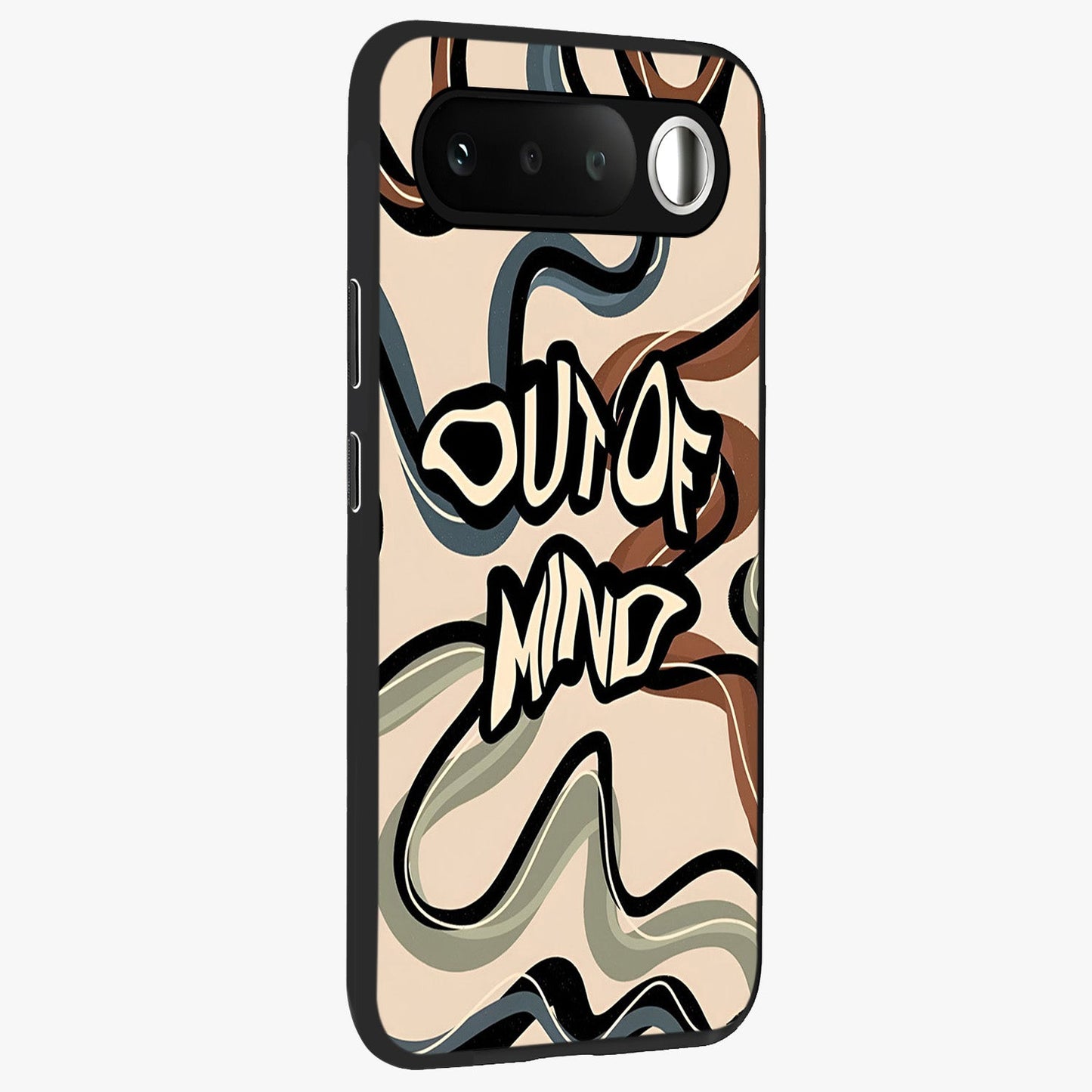 Out Of Mind Glass Case upright view showcasing striking typography artwork with edgy conceptual theme.