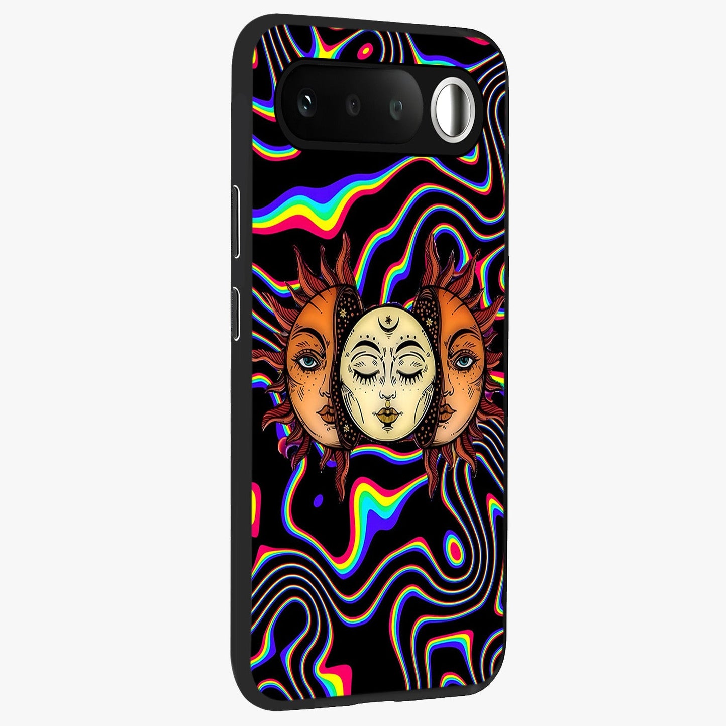 Psychedelic Sun Glass Case upright view showcasing trippy sun artwork with bold psychedelic theme.