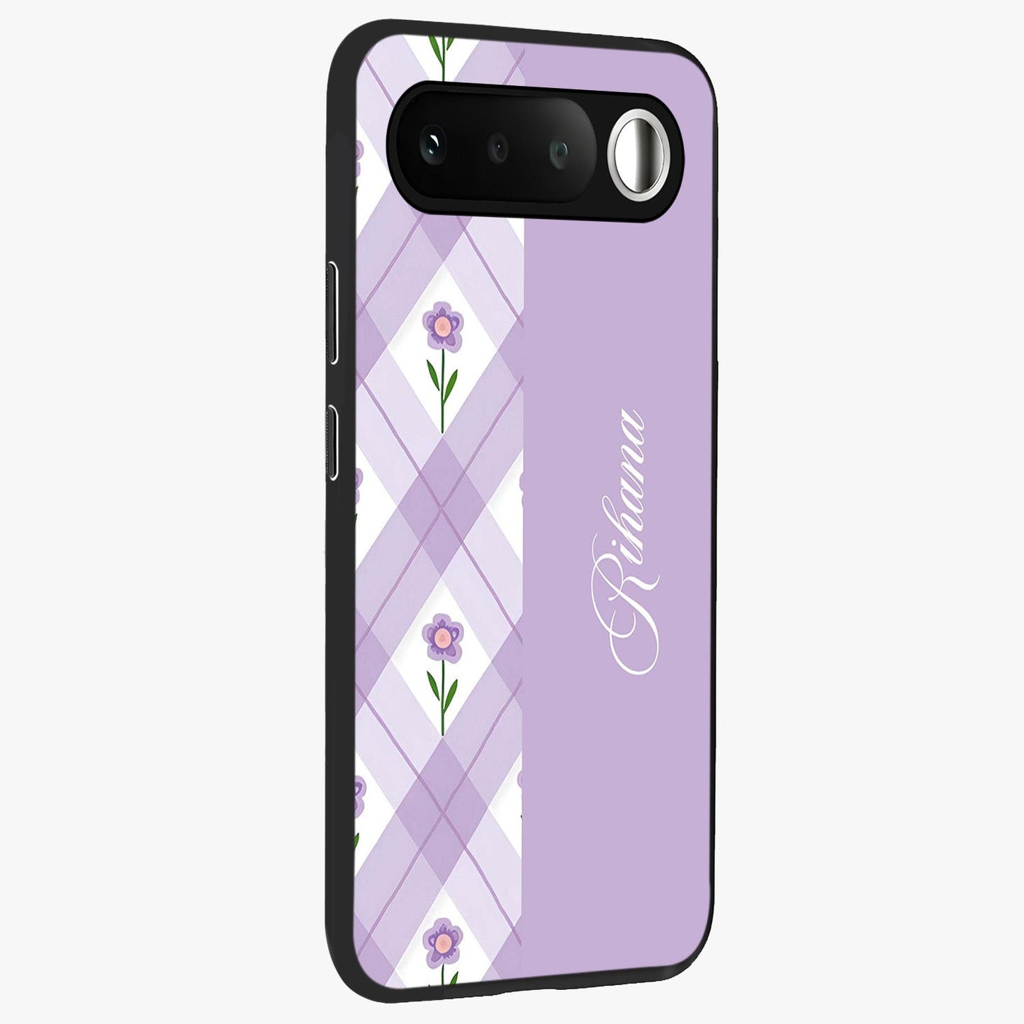 Purple Diamond Floral Glass Case upright view showcasing vibrant floral artwork with stylish geometric theme.