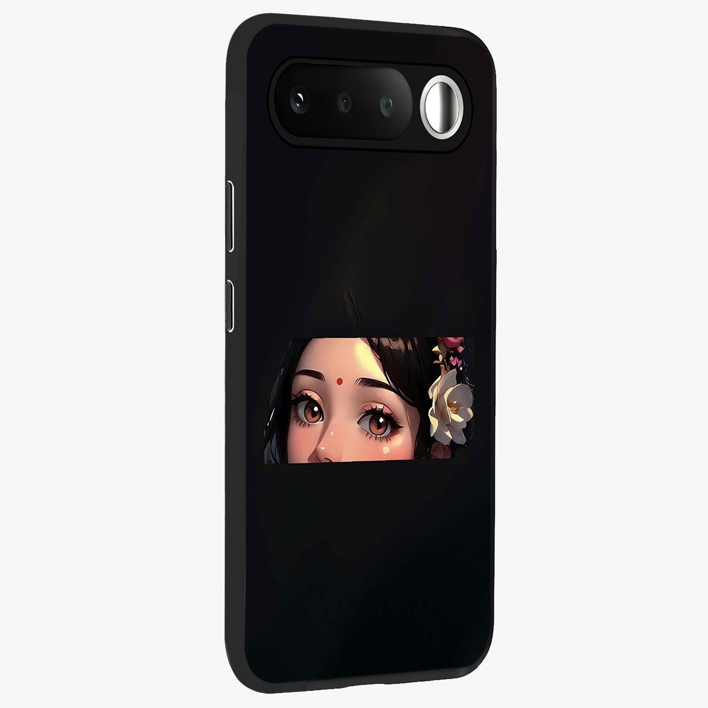 Radha Divine Embrace Glass Case upright view showcasing sacred Radha themed artwork with peaceful devotional style.