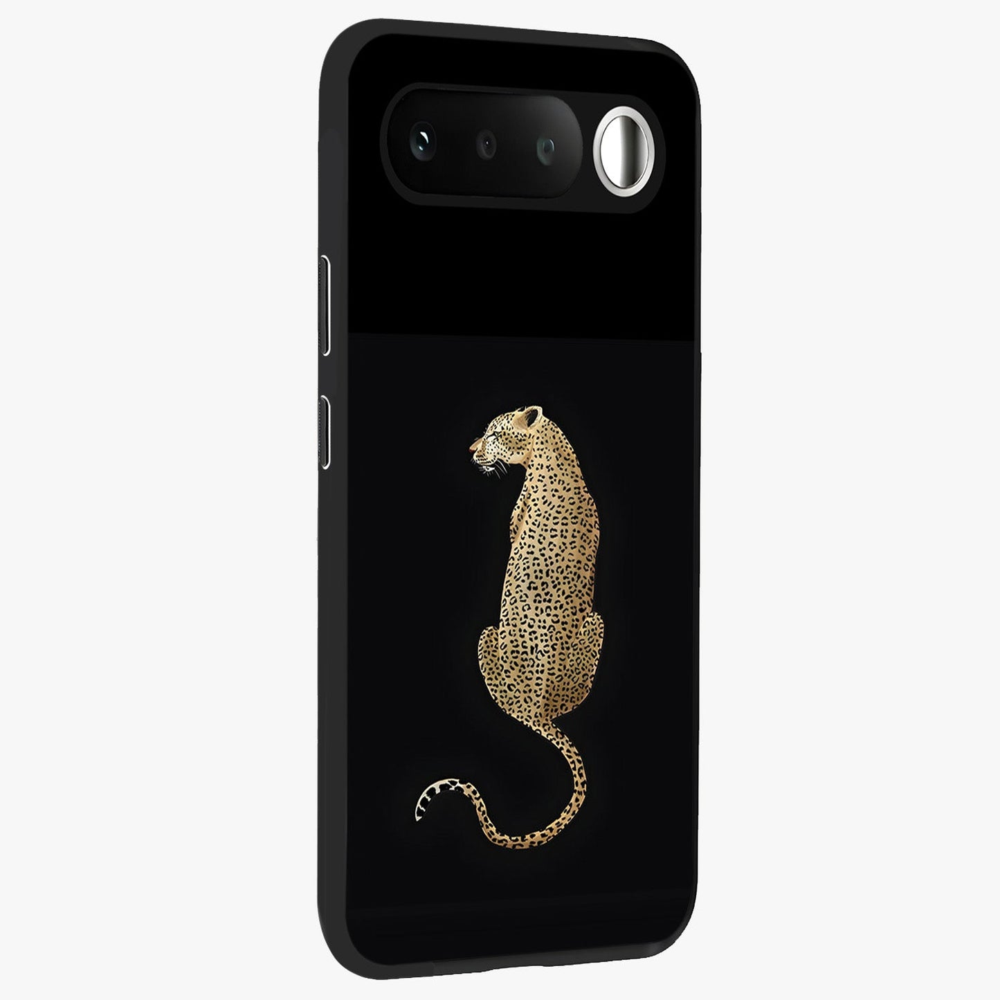 Regal Leopard Glass Case upright view showcasing striking leopard artwork with fierce wildlife theme.