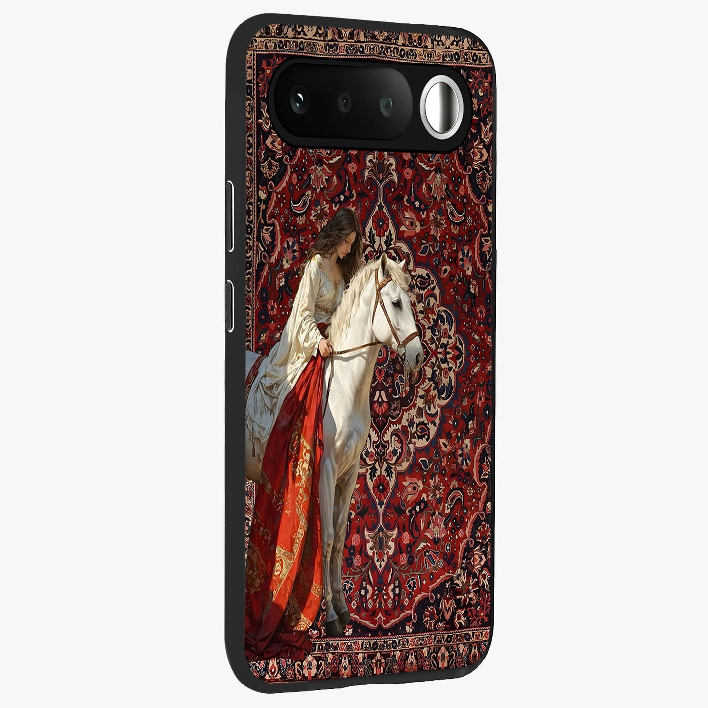 Royal Rider Tapestry Glass Case upright view showcasing detailed rider artwork with classic tapestry theme.
