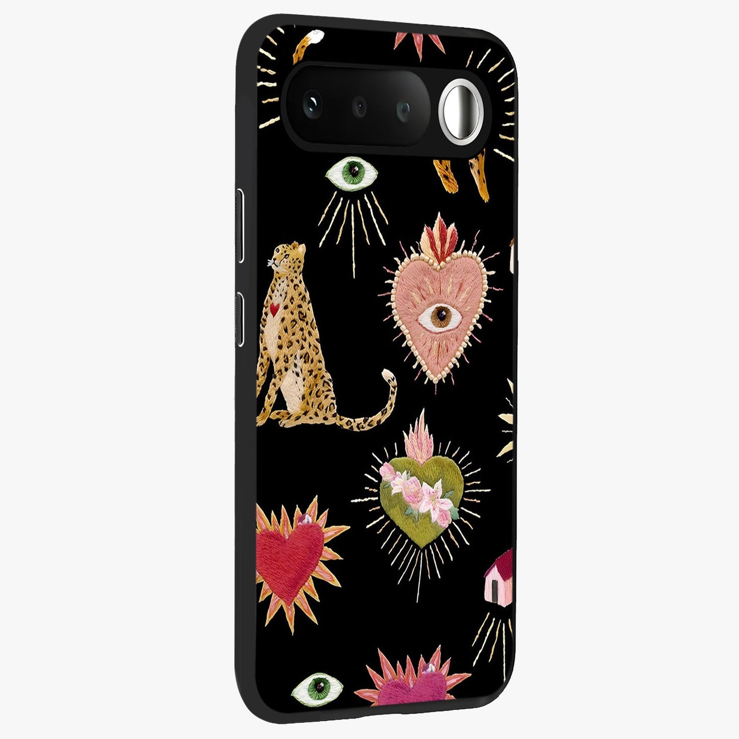 Sacred Jungle Heart Glass Case upright view showcasing vibrant jungle artwork with symbolic heart theme.