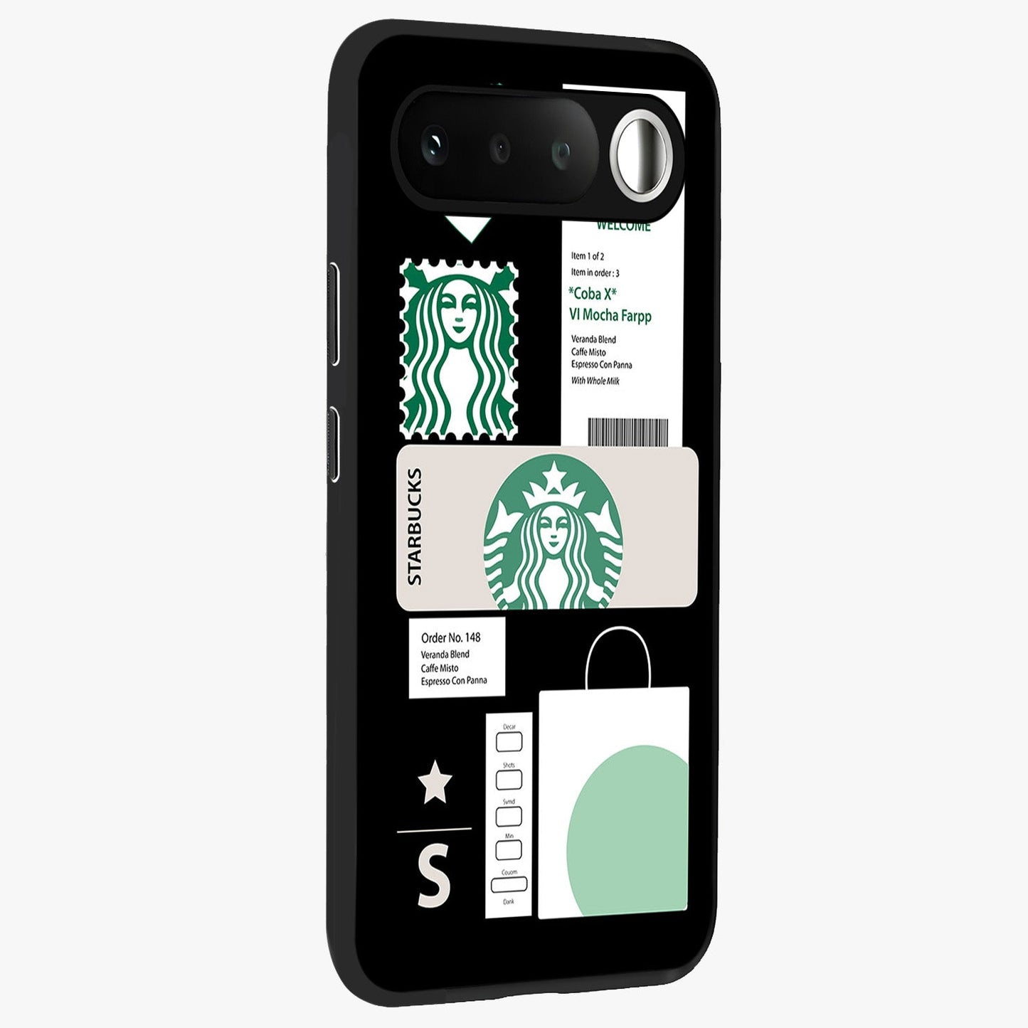Starbucks Mocha Glass Case upright view showcasing trendy coffee inspired artwork with modern lifestyle theme.