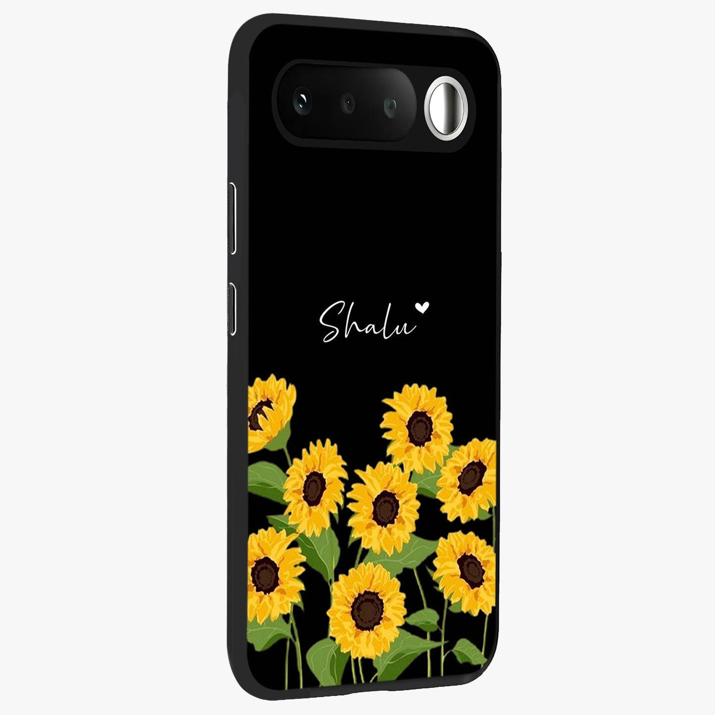 Sunflower Chic Mood Custom Name Glass Case upright view showcasing cheerful sunflower artwork with trendy floral theme.