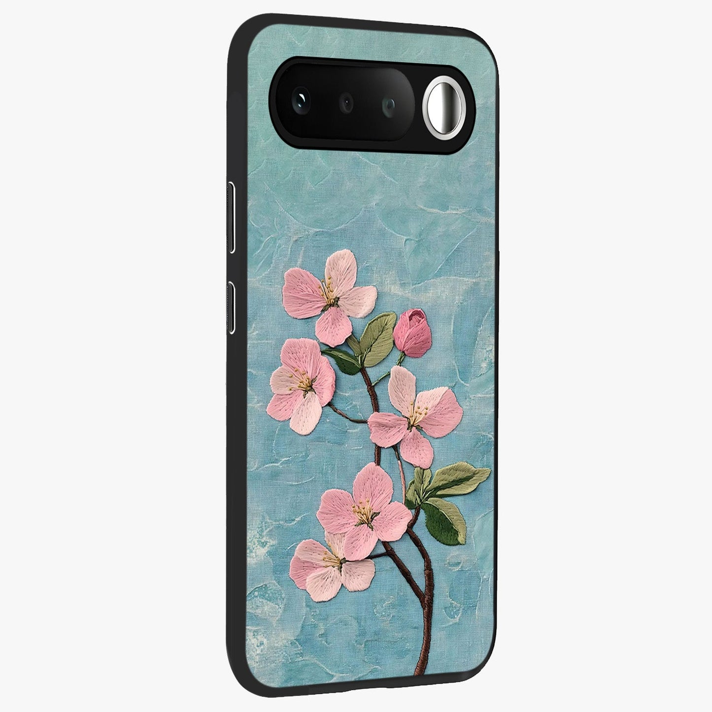 Threaded Blossom Breeze Glass Case upright view showcasing graceful flower artwork with calm botanical theme.