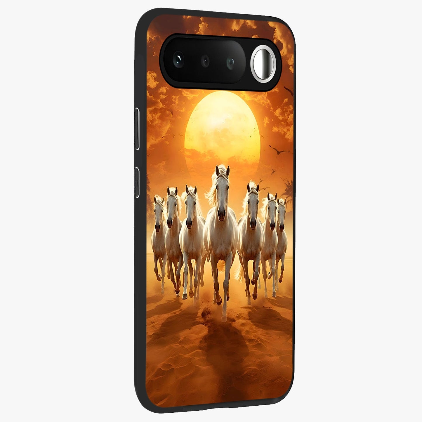 Wild Sunset Majesty Glass Case upright view showcasing dramatic sunset artwork with bold nature theme.