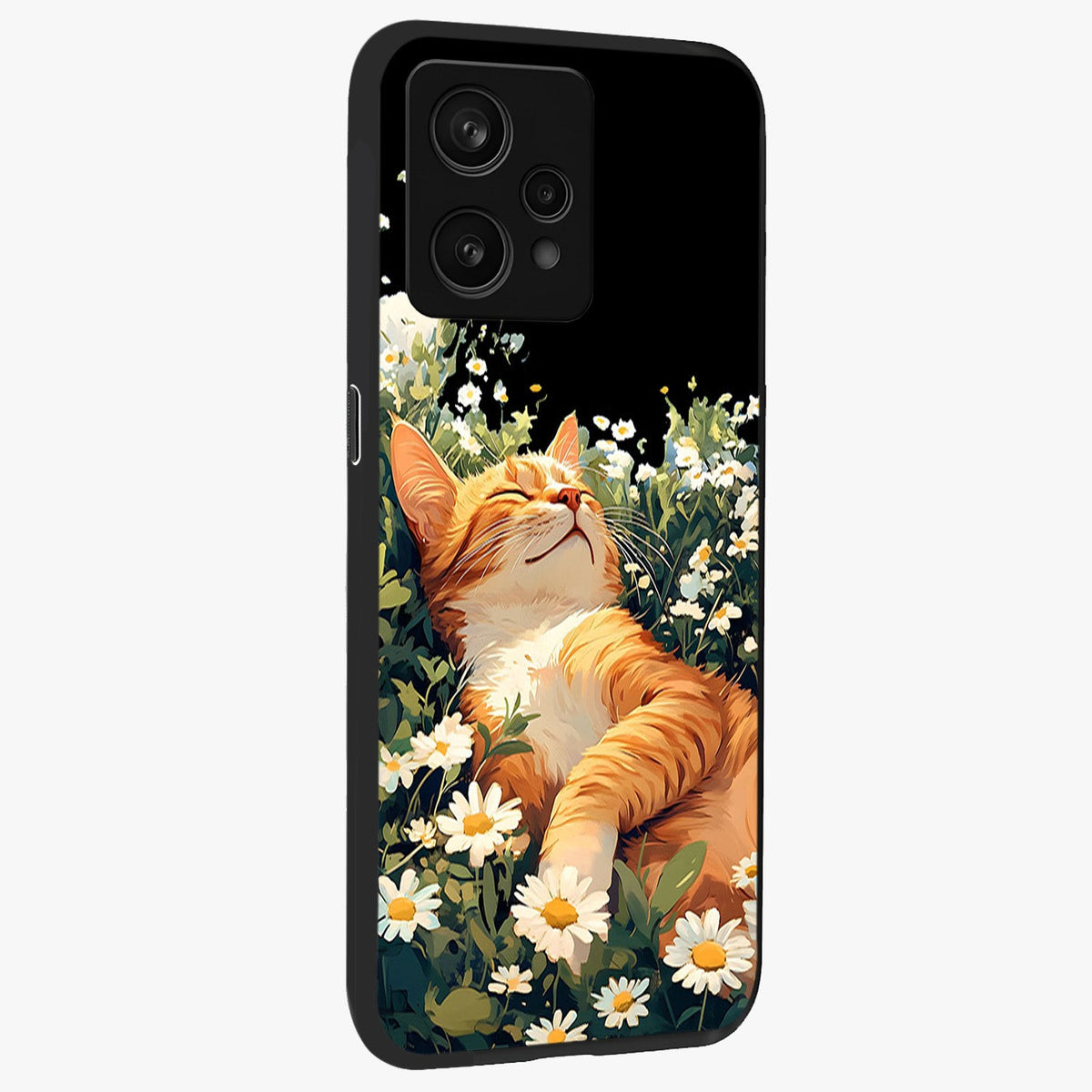 Blissful Bloom Cat Glass Case upright view showcasing charming cat design surrounded by blooming floral elements.