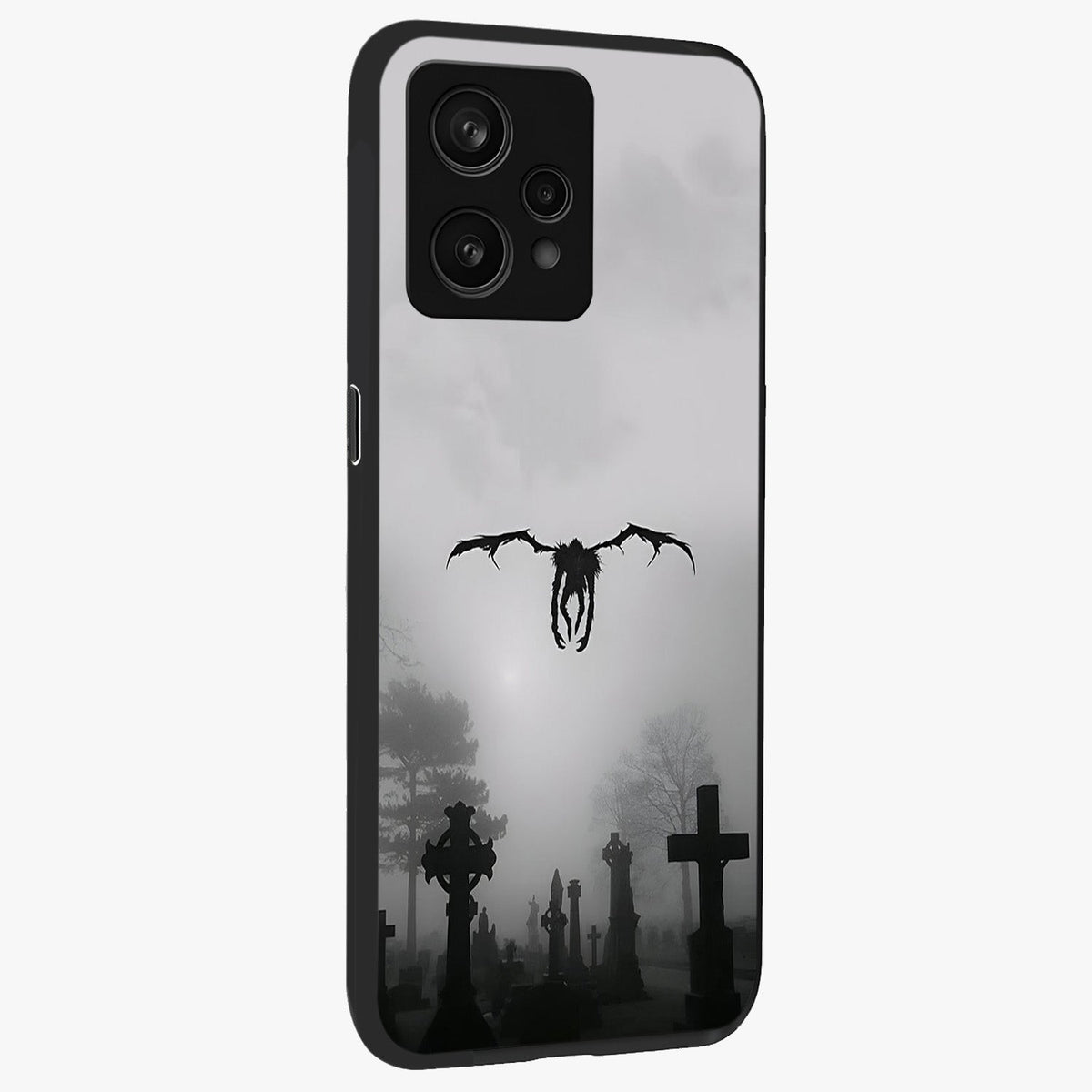 Graveyard Shadow Descent Glass Case upright view showcasing haunting graveyard artwork with dramatic dark theme.